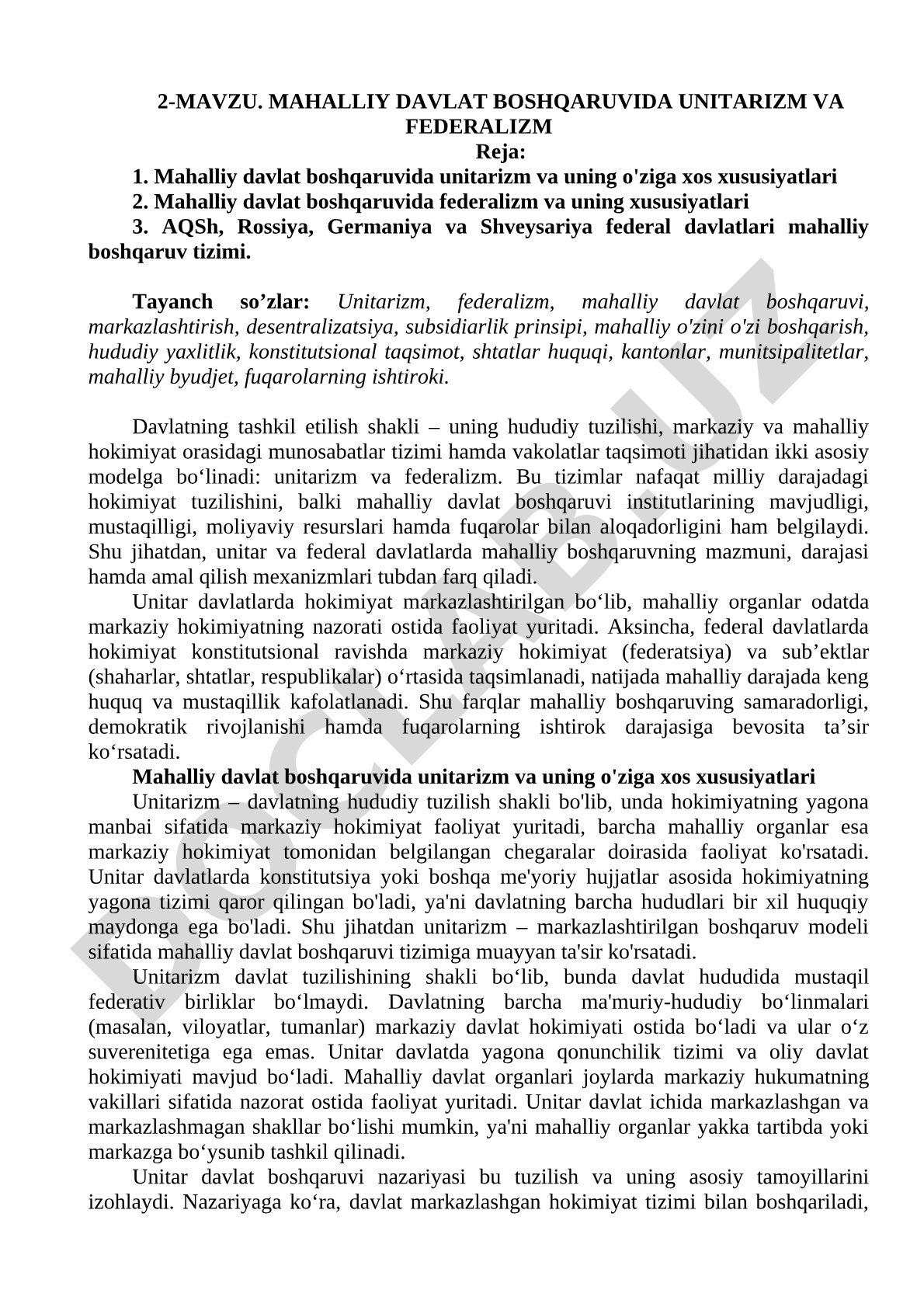 Mahalliy davlat boshqaruvida unitarizm va federalizm