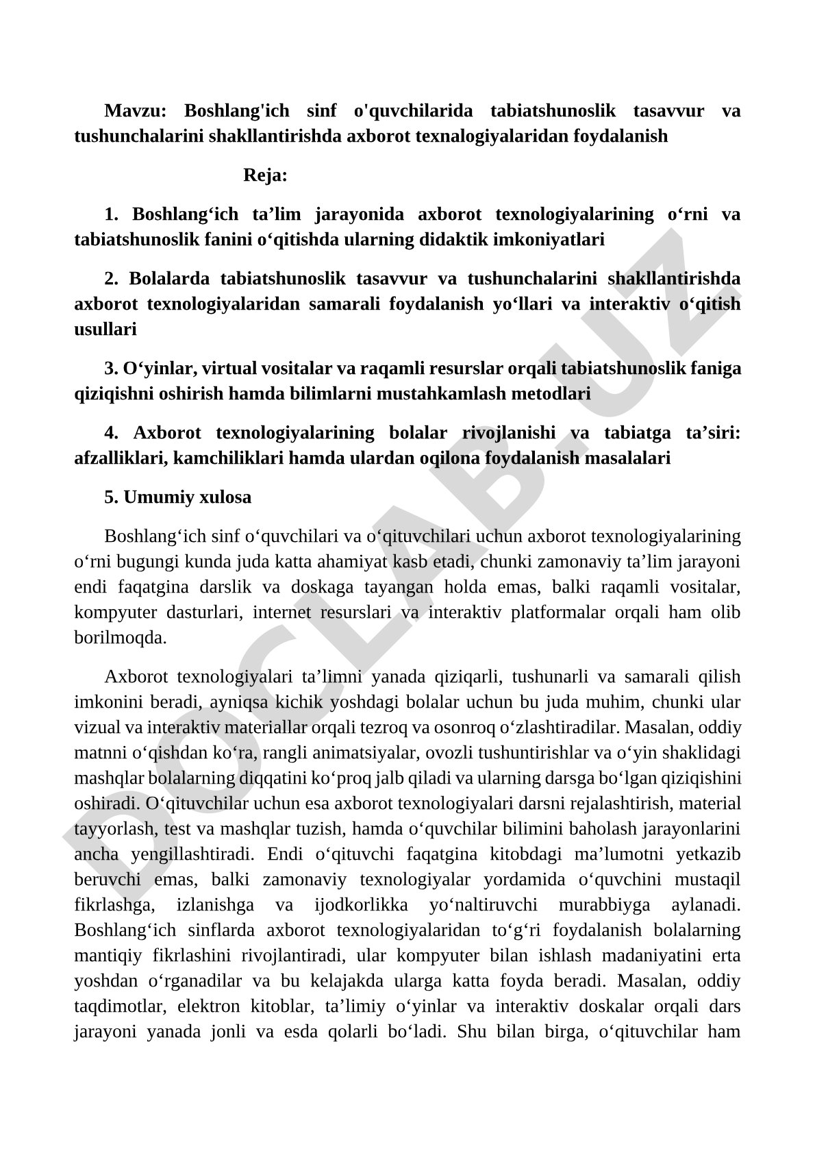 Boshlang'ich sinf o'quvchilarida tabiatshunoslik tasavvur va tushunchalarini shakllantirishda axboro
