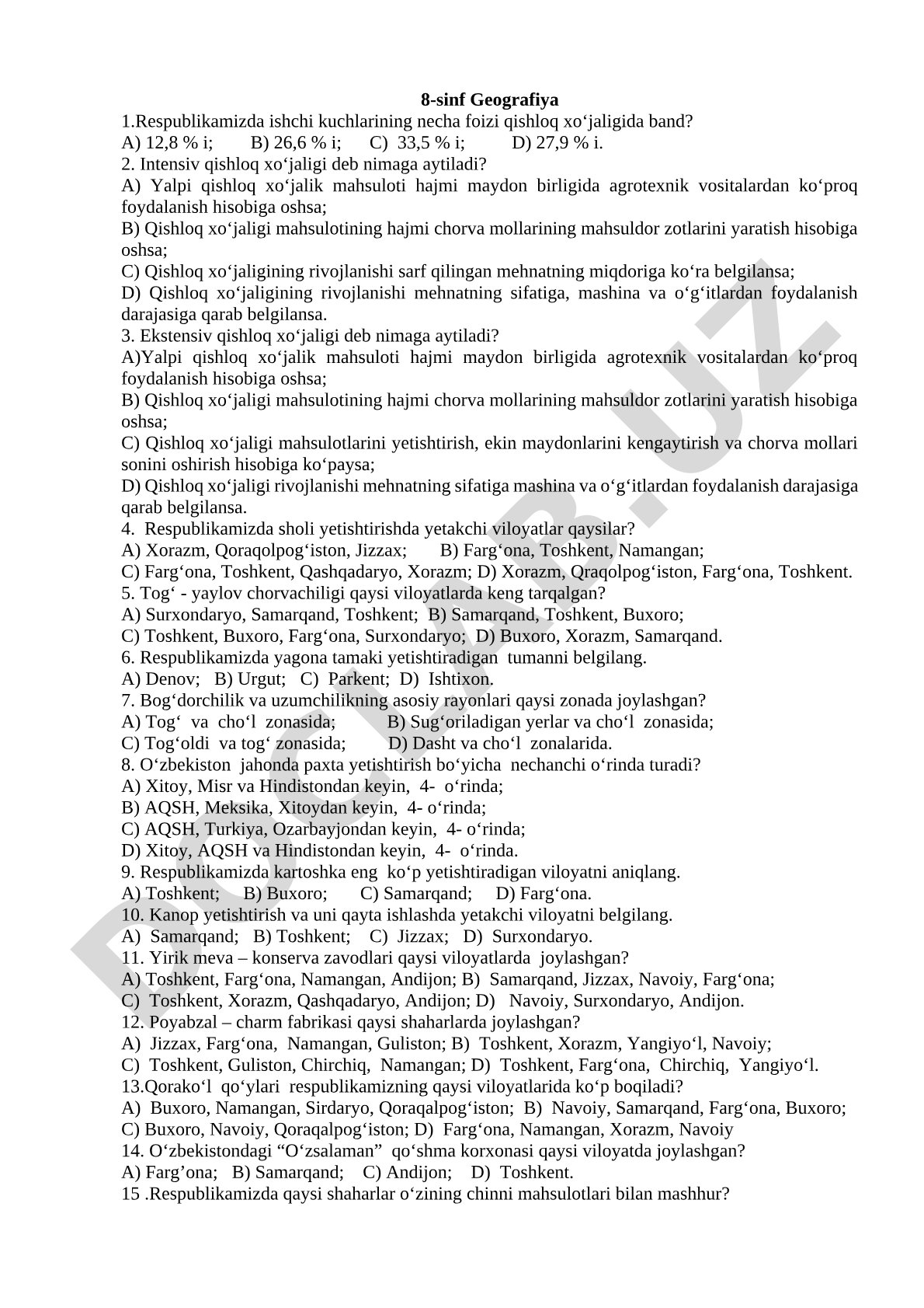 8-sinf Geografiya qishloq xo'jaligi testi