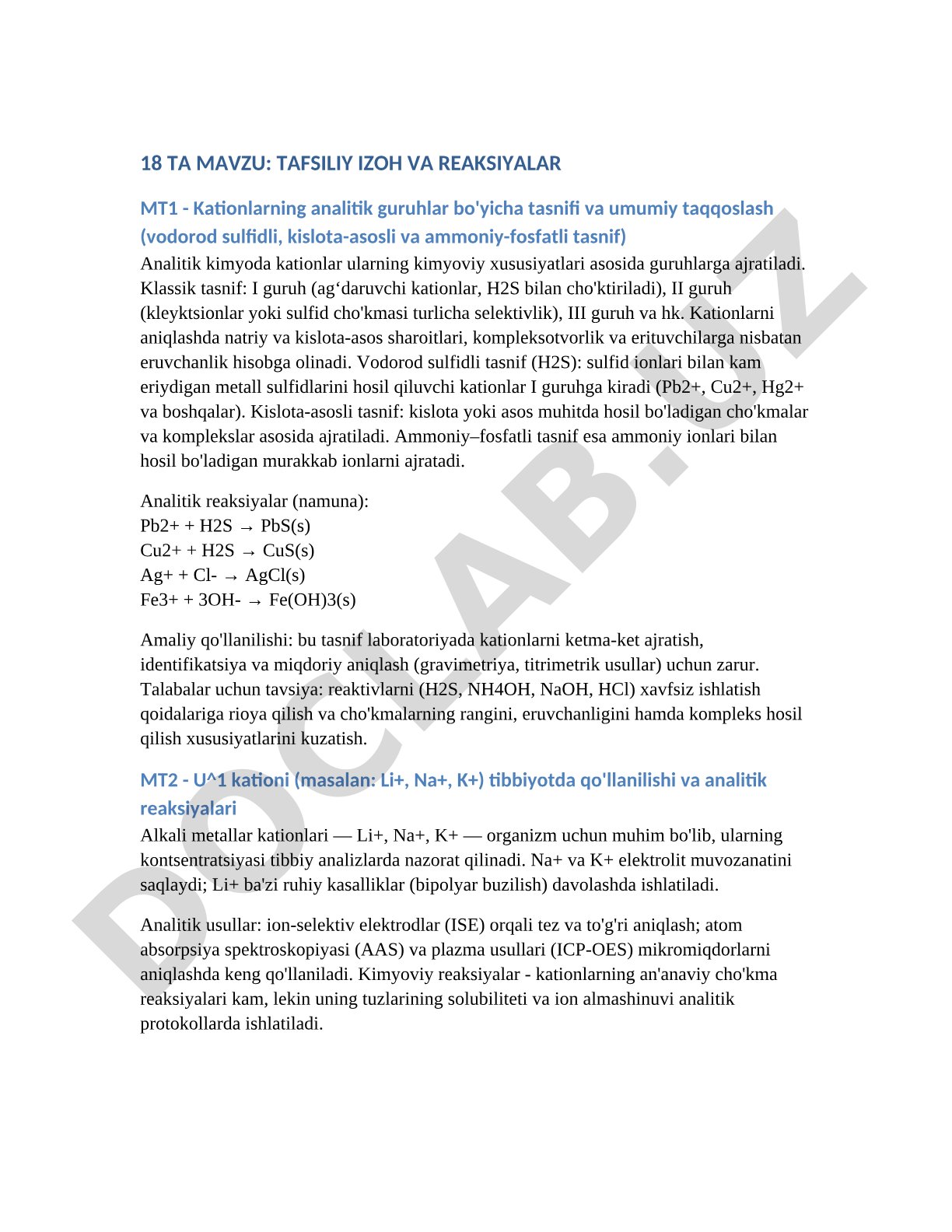 Kationlarning analitik guruhlar bo'yicha tasnifi va umumiy taqqoslash