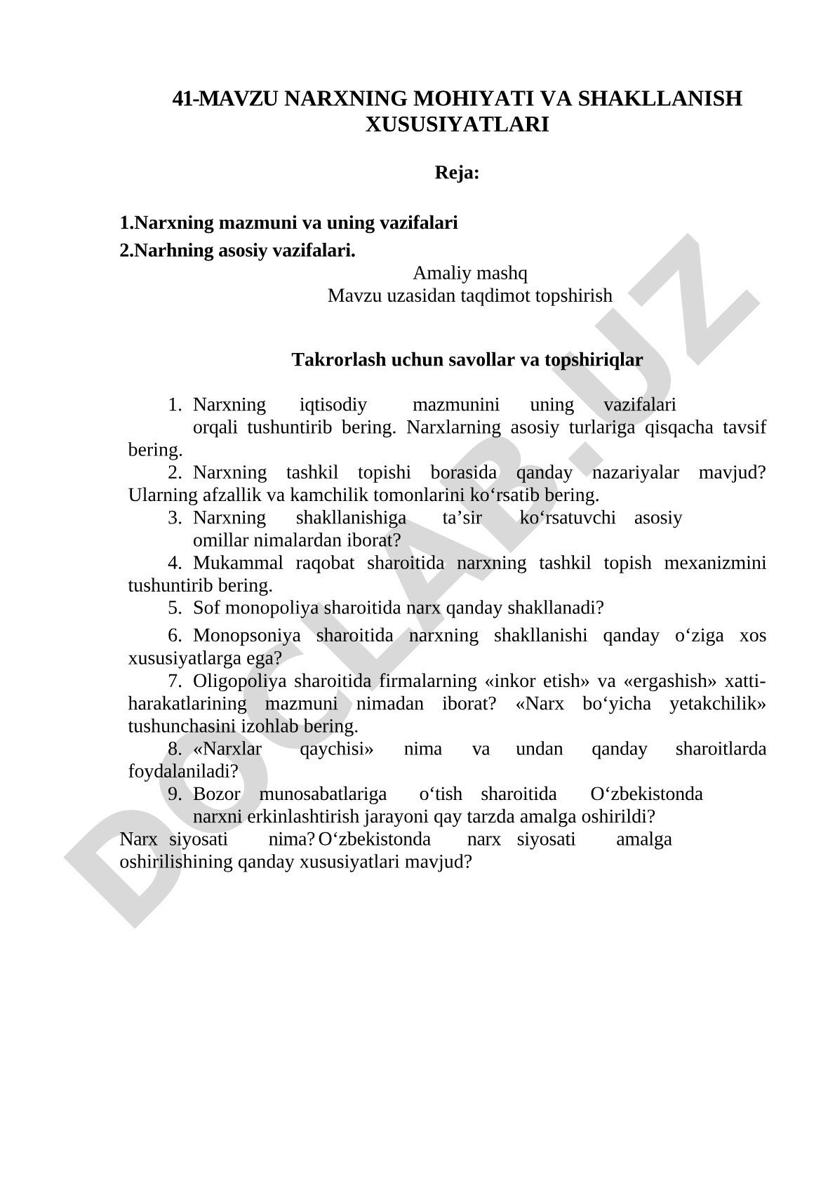 Narxning mohiyati va shakllanish xususiyatlari