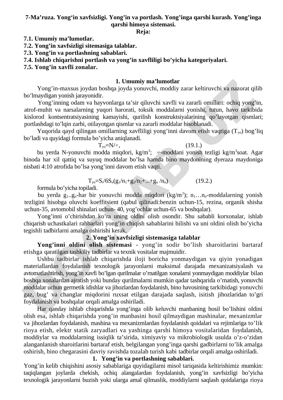 Yong'in xavfsizligi. Yong'in va portlash. Yong'inga qarshi kurash