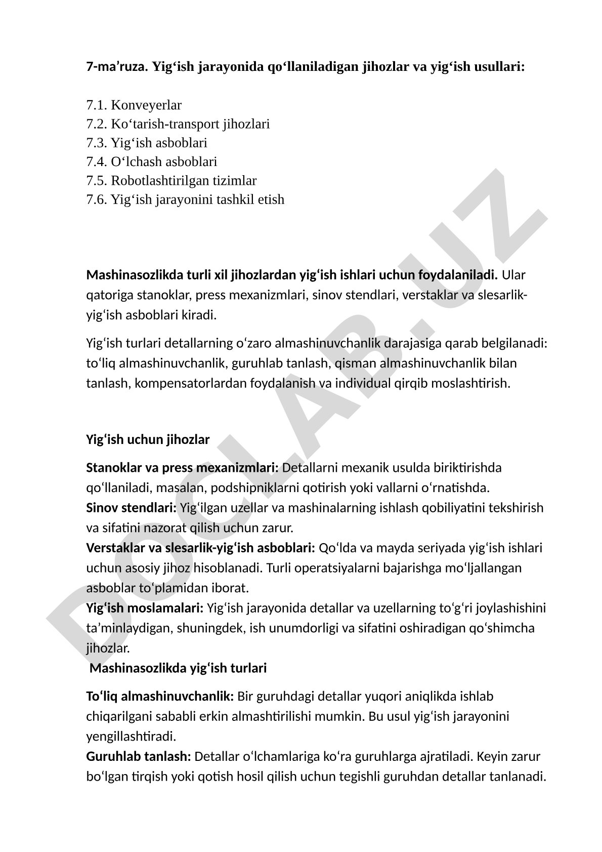 7-ma’ruza. Yig‘ish jarayonida qo‘llaniladigan jihozlar va yig‘ish usullari