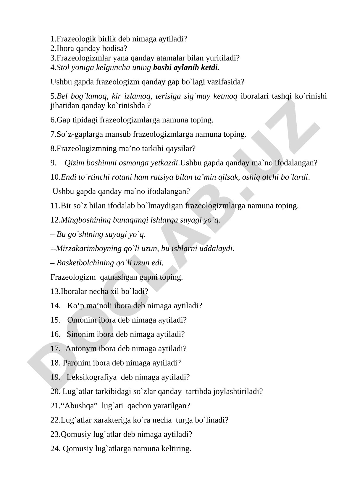 Frazeologik birliklar bo'yicha savollar