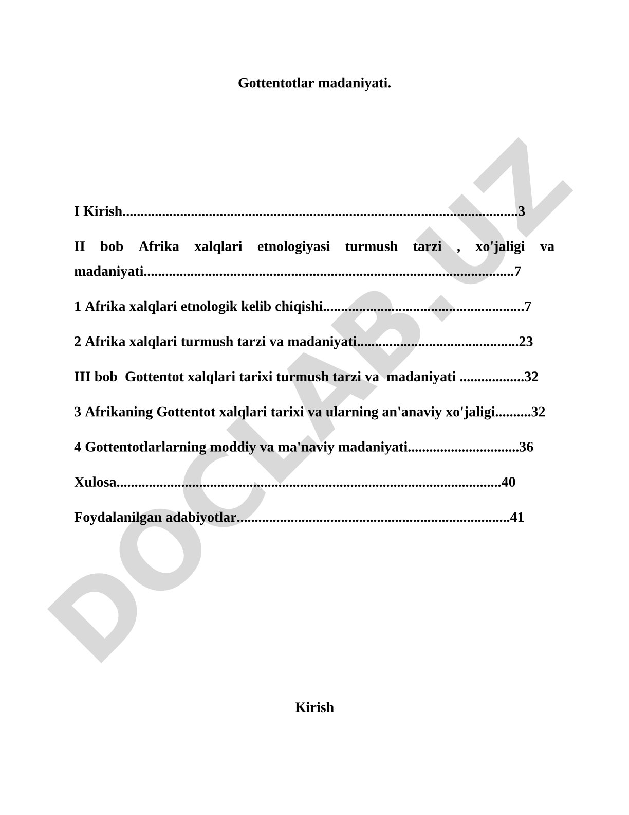 Gottentotlar madaniyati, tarixi, xo'jaligi va ma'naviy hayotiga oid kurs ishi