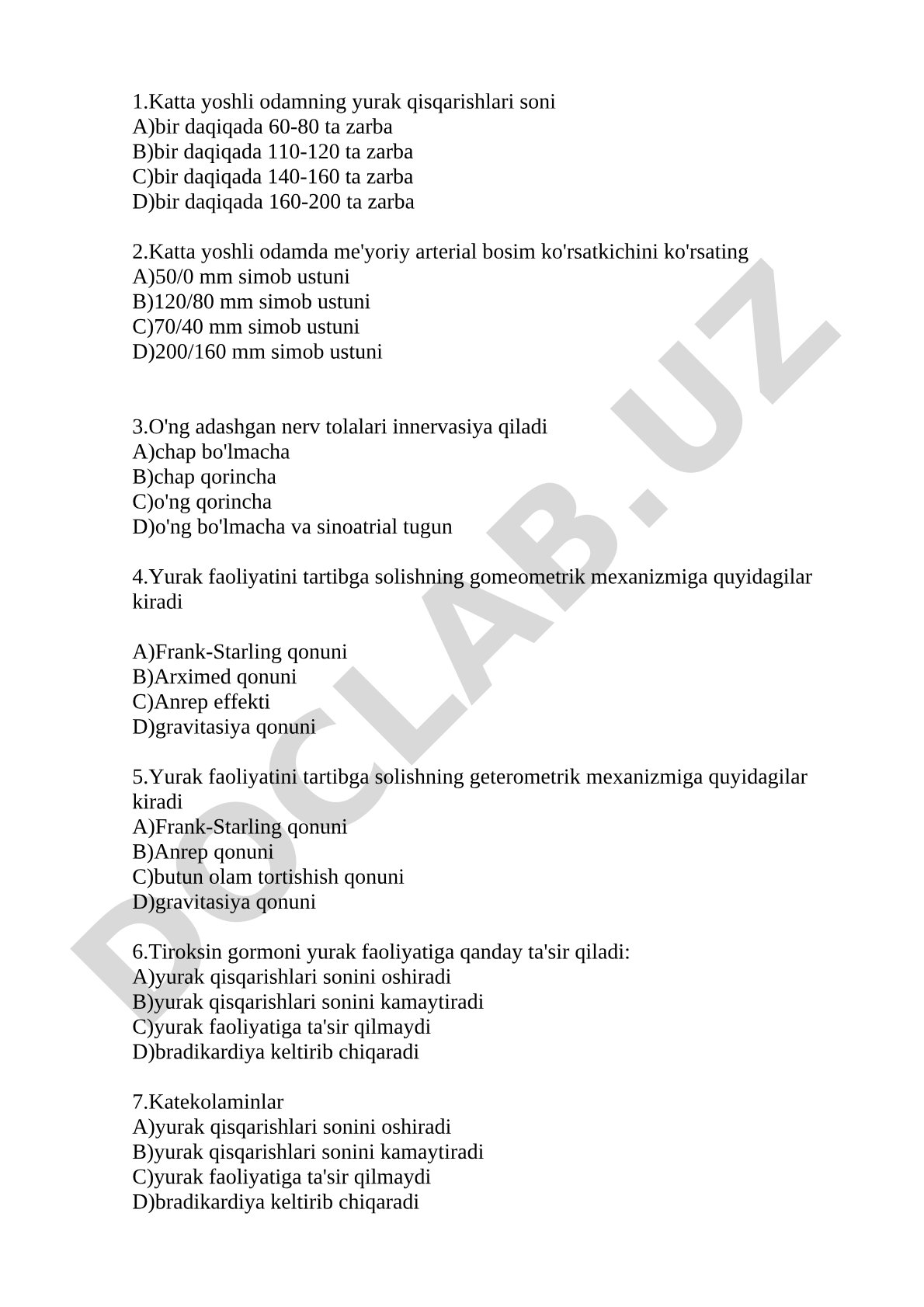 Yurak faoliyati fiziologiyasi bo'yicha test savollari
