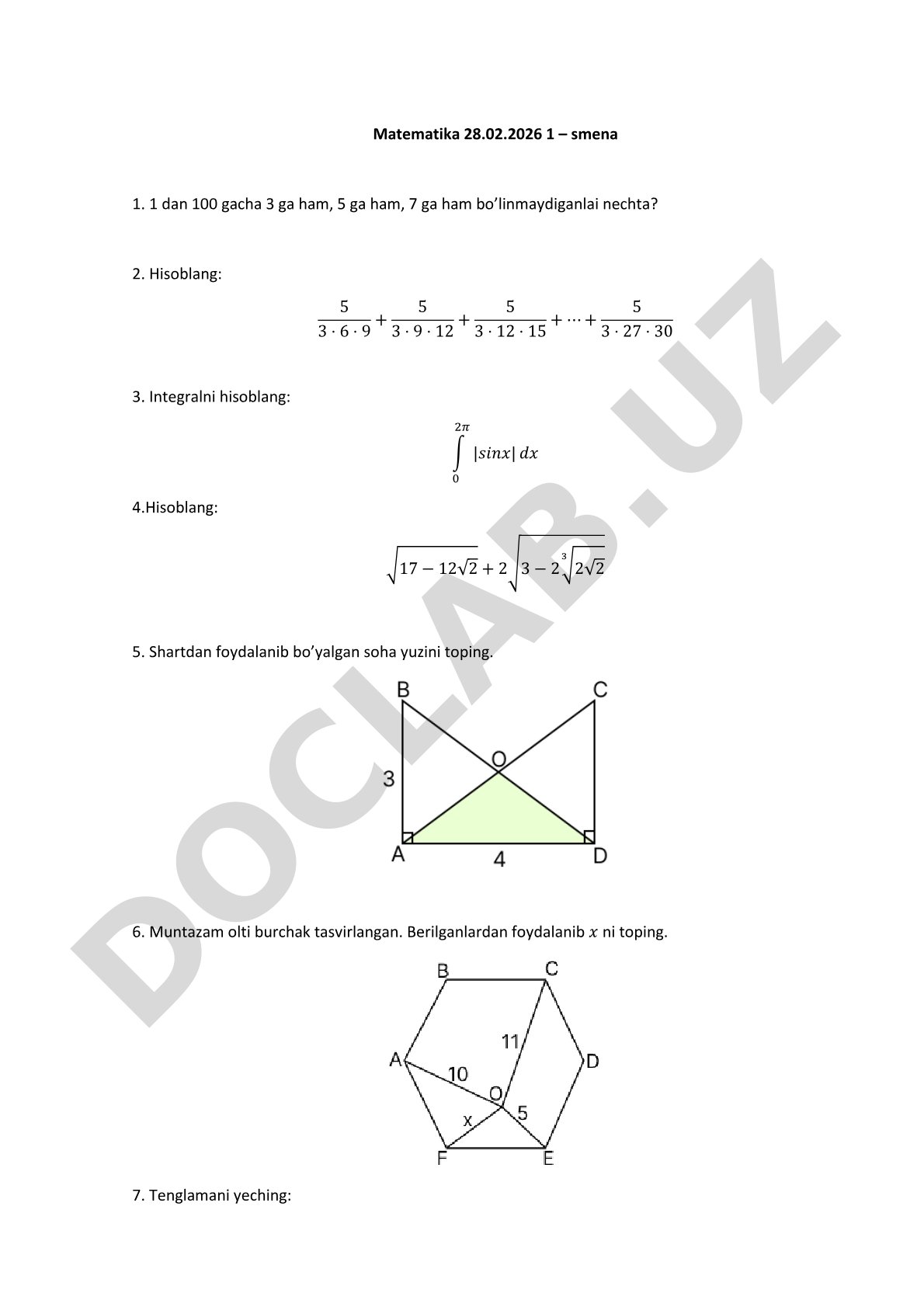Matematika 28.02.2026 1-smena imtihon savollari