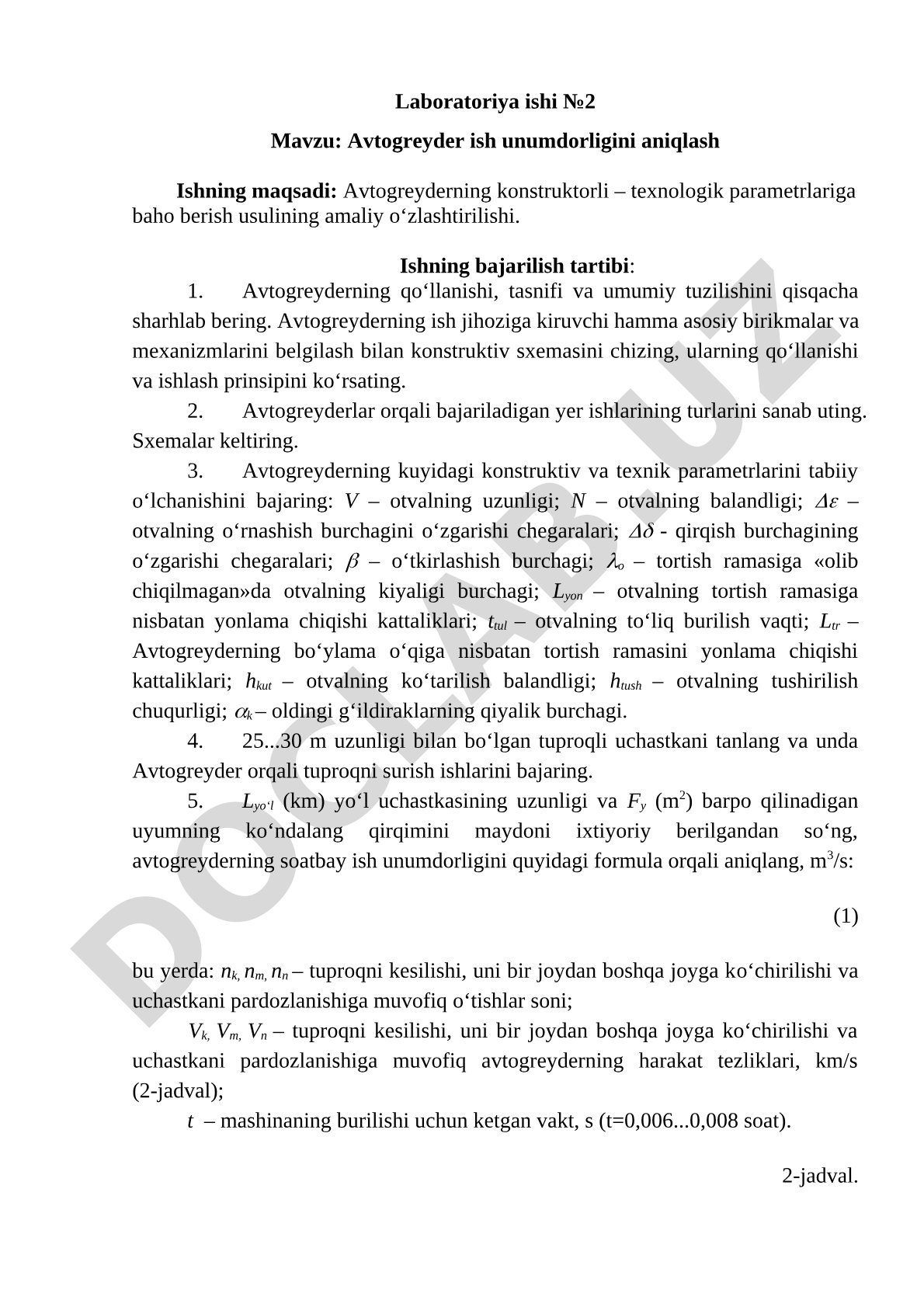 Avtogreyder ish unumdorligini aniqlash