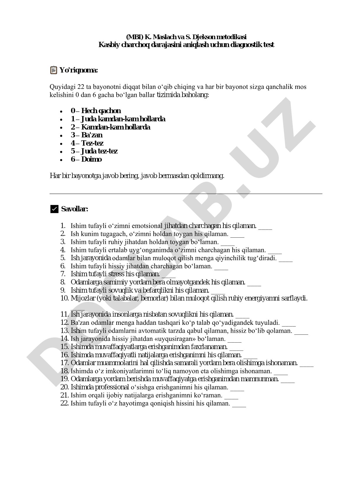 Kasbiy charchoq darajasini aniqlash diagnostik testi