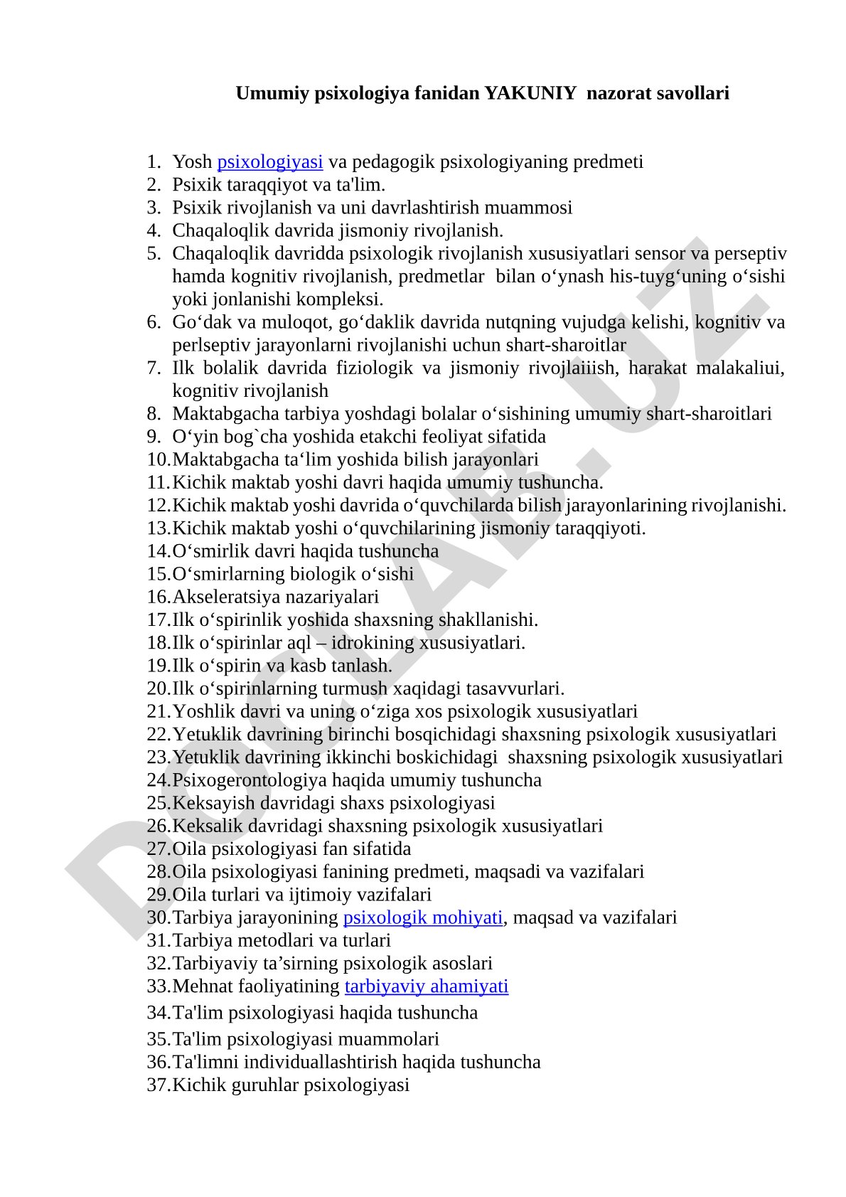Umumiy psixologiya fanidan yakuniy nazorat savollari