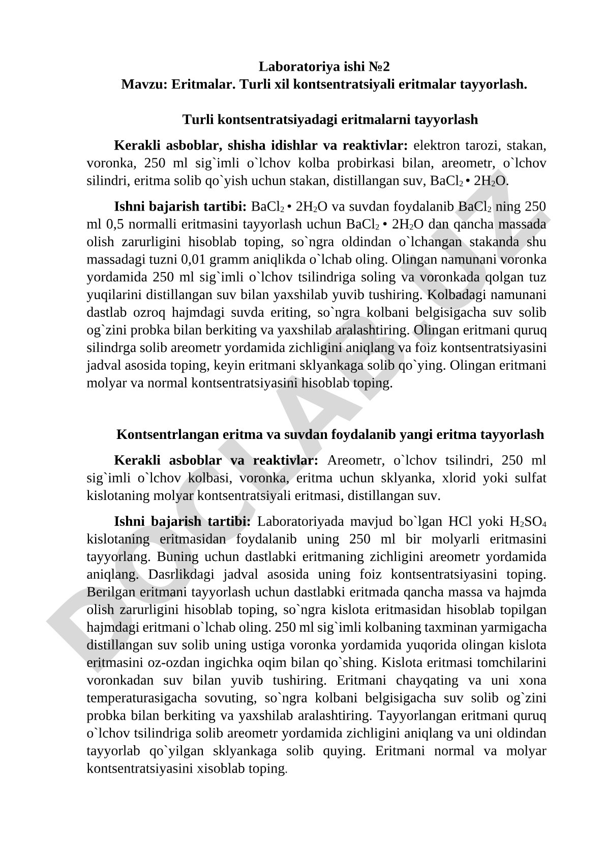 Eritmalar. Turli xil kontsentratsiyali eritmalar tayyorlash.