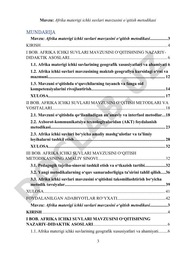 Afrika materigi ichki suvlari mavzusini o‘qitish metodikasi