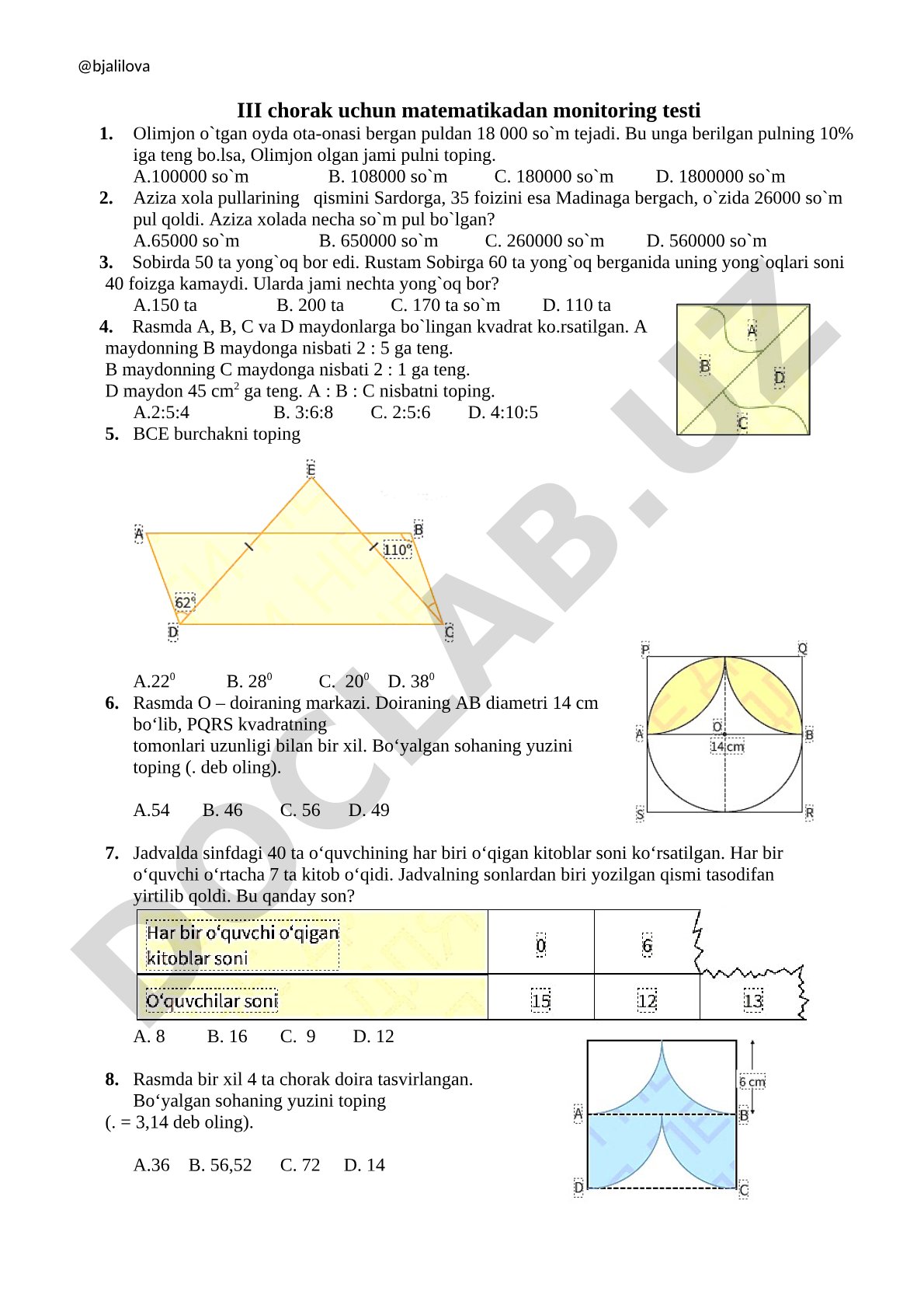 Matematikadan III chorak monitoring testi
