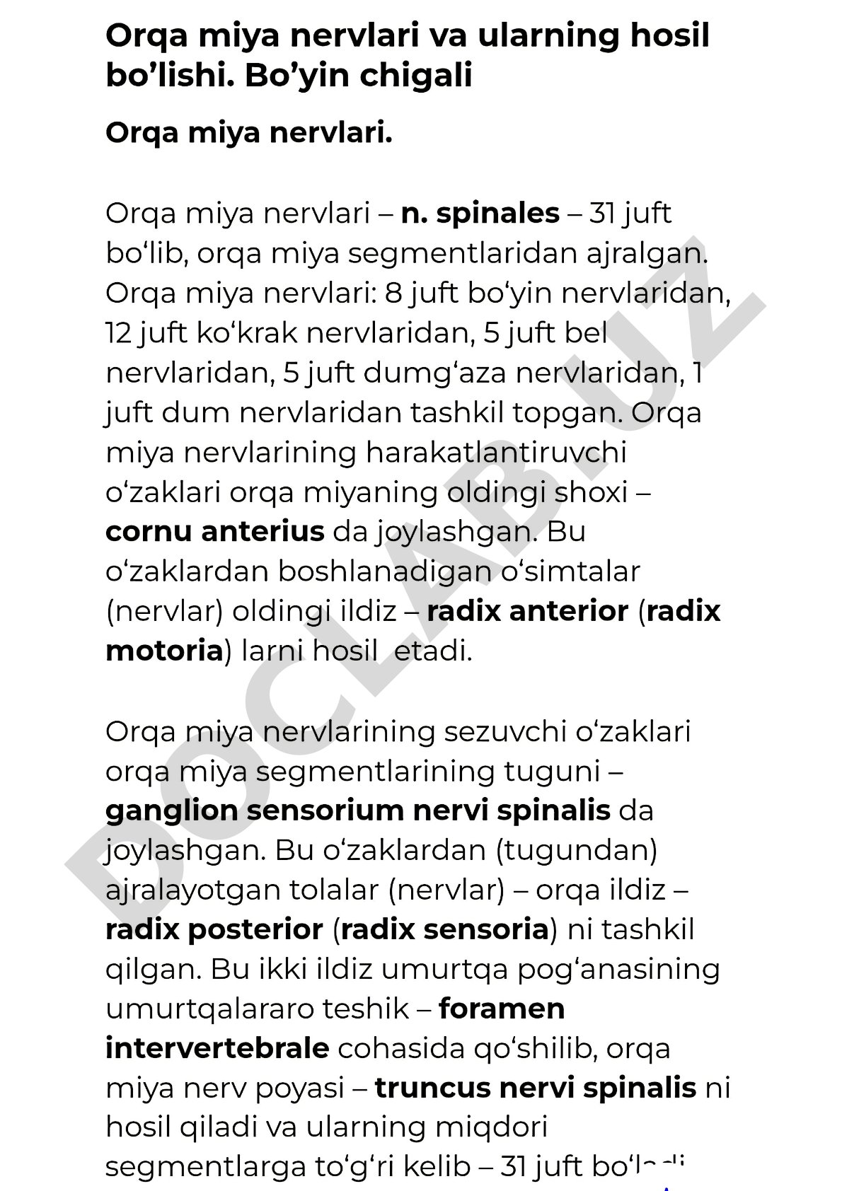 Orqa miya nervlari va ularning hosil bo'lishi. Bo'yin chigali