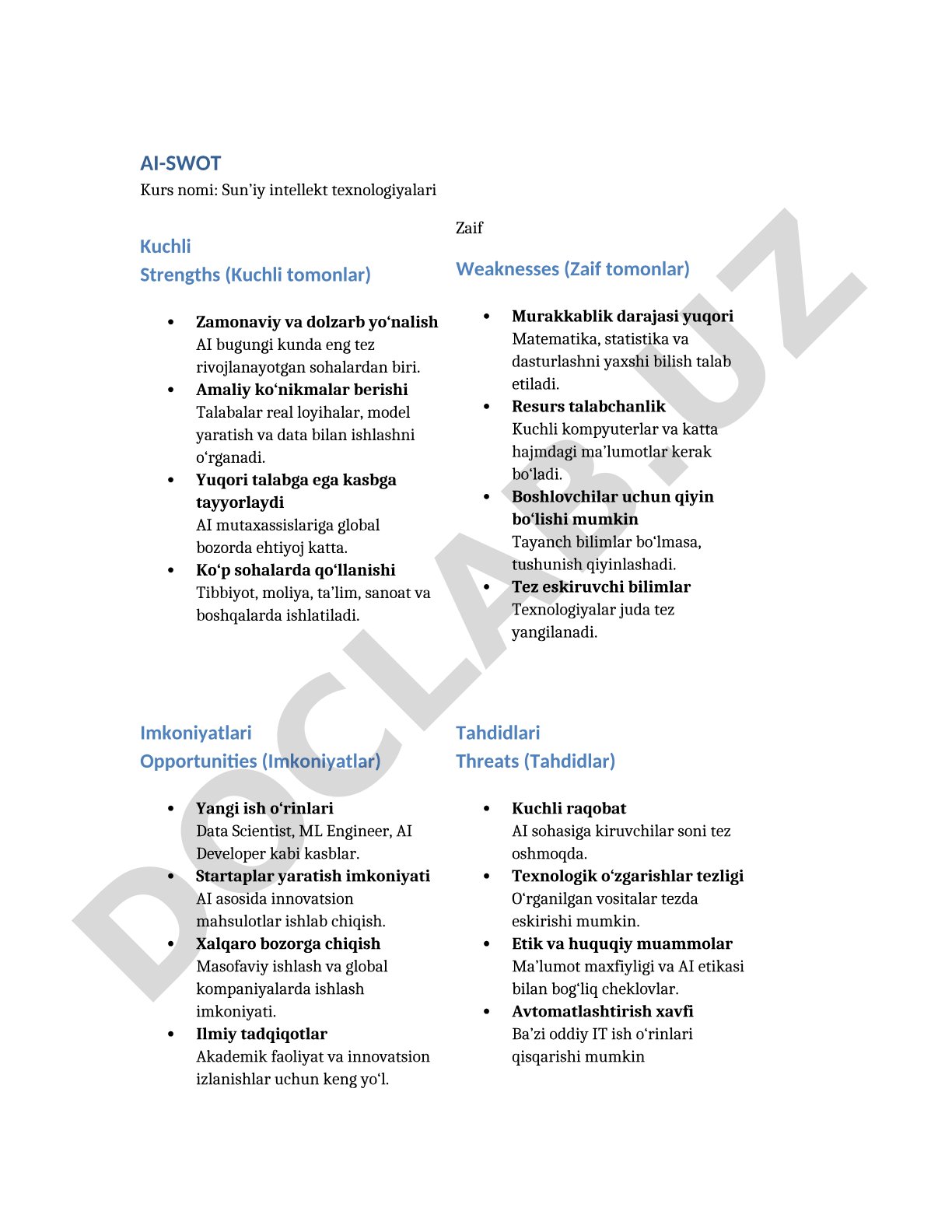 Sun’iy intellekt texnologiyalari kursi SWOT tahlili