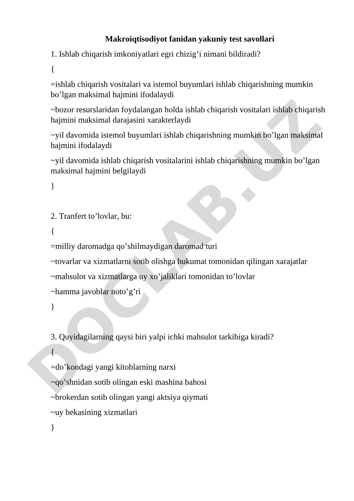 Makroiqtisodiyot fanidan yakuniy test savollari