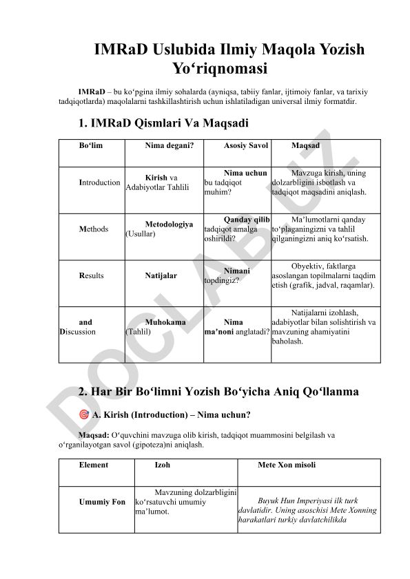 IMRaD Uslubida Ilmiy Maqola Yozish Yoʻriqnomasi