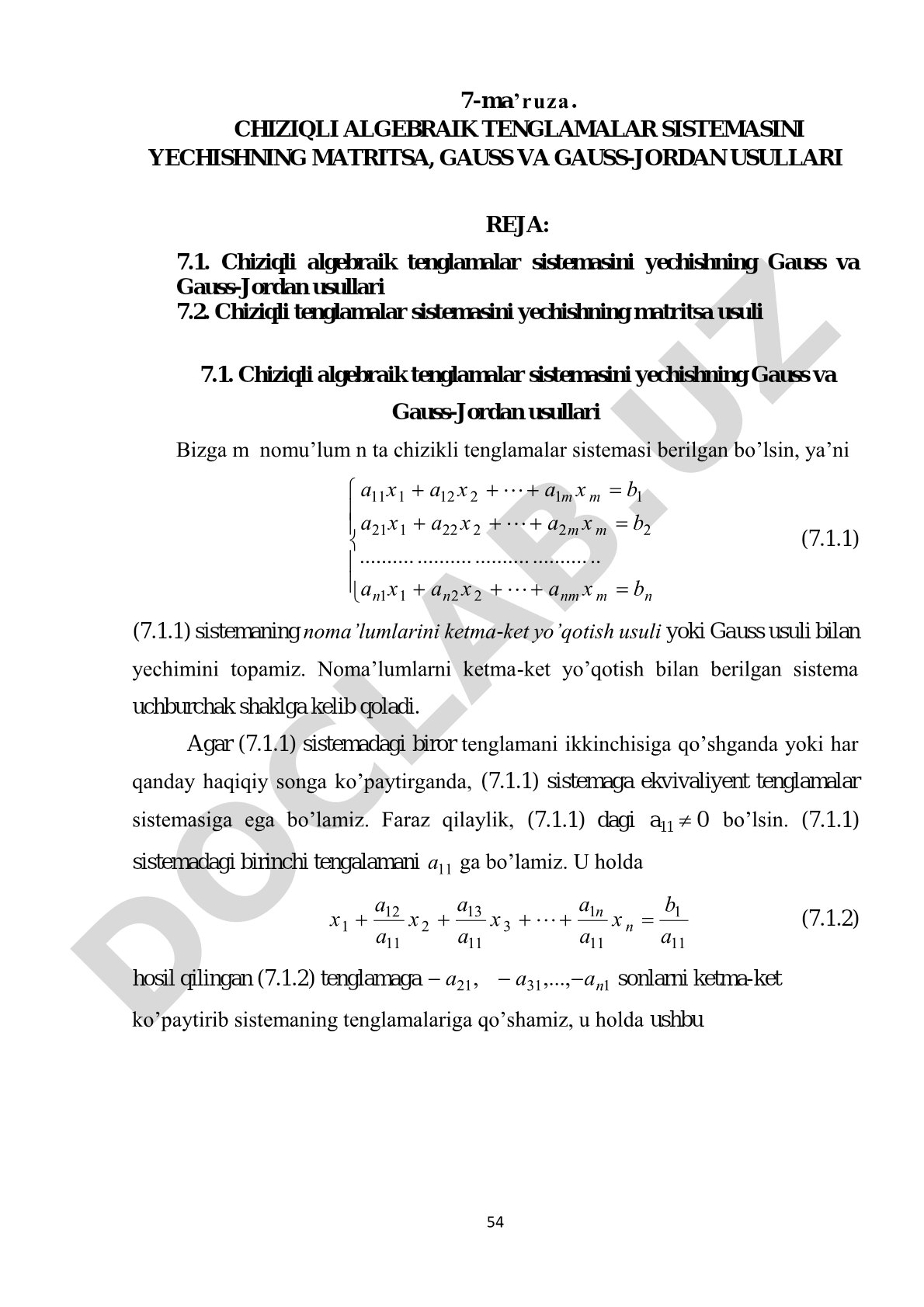 Chiziqli algebraik tenglamalar sistemasini yechishning matritsa, Gauss va Gauss-Jordan usullari