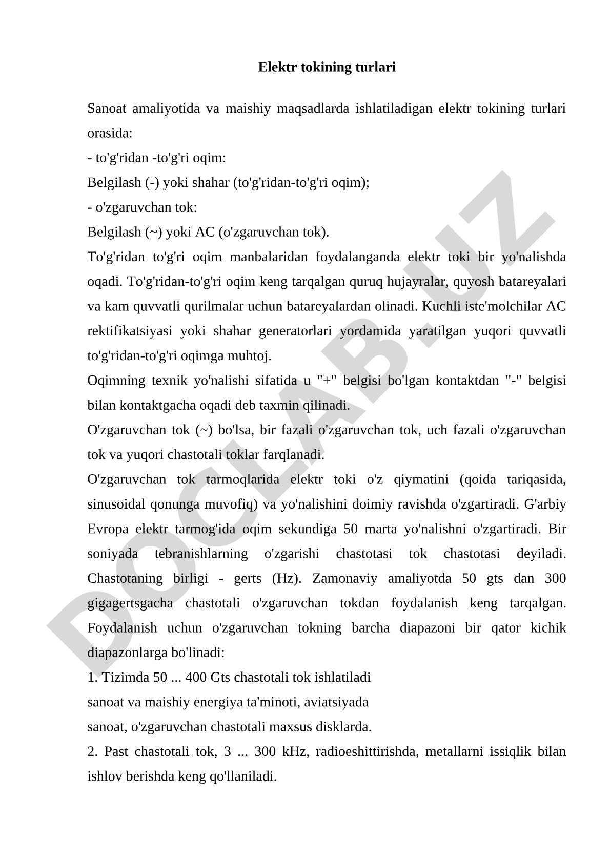 Elektr tokining doimiy va o'zgaruvchan turlari haqida ma'lumot berilgan