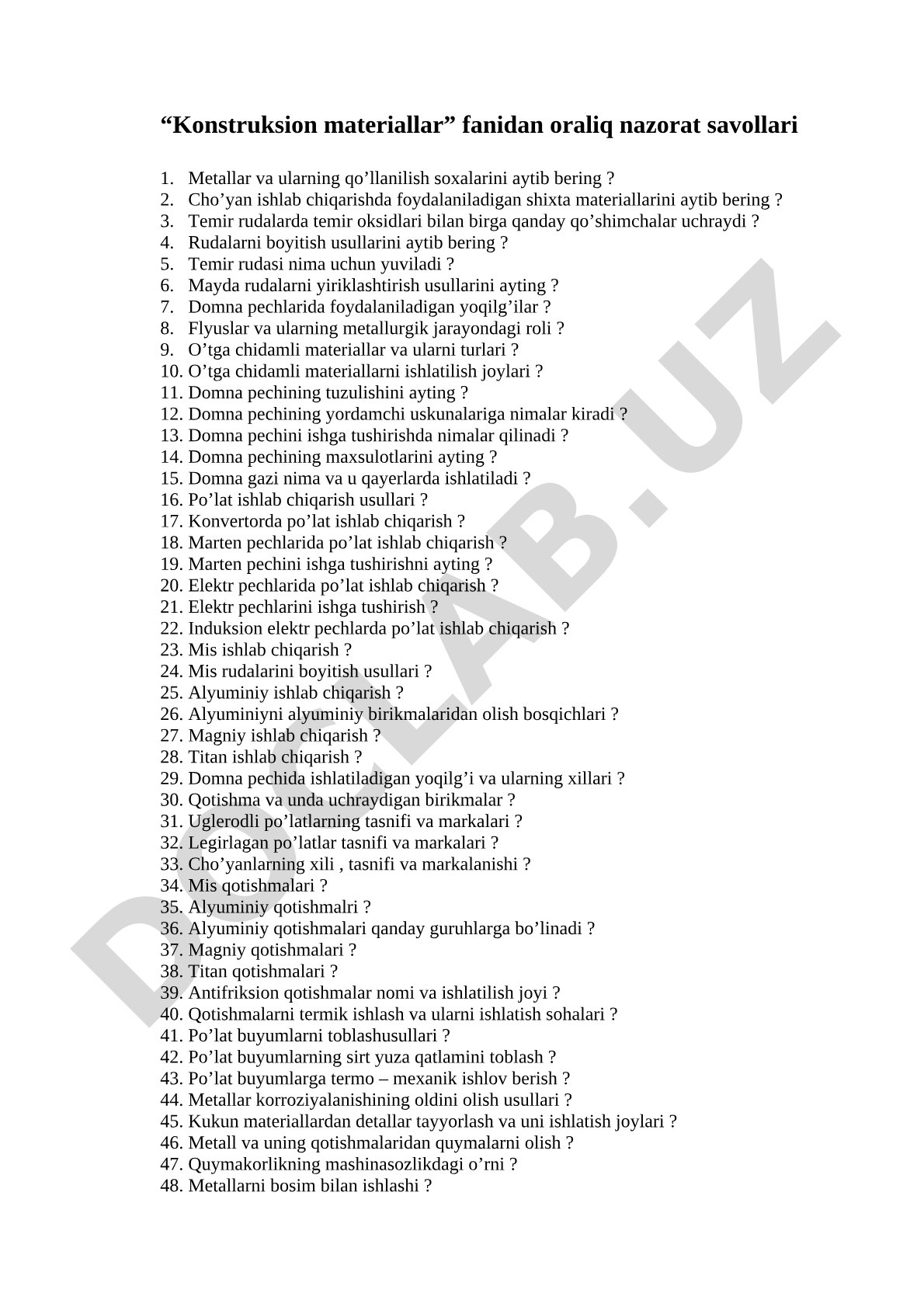 Konstruksion materiallar fanidan oraliq nazorat savollari