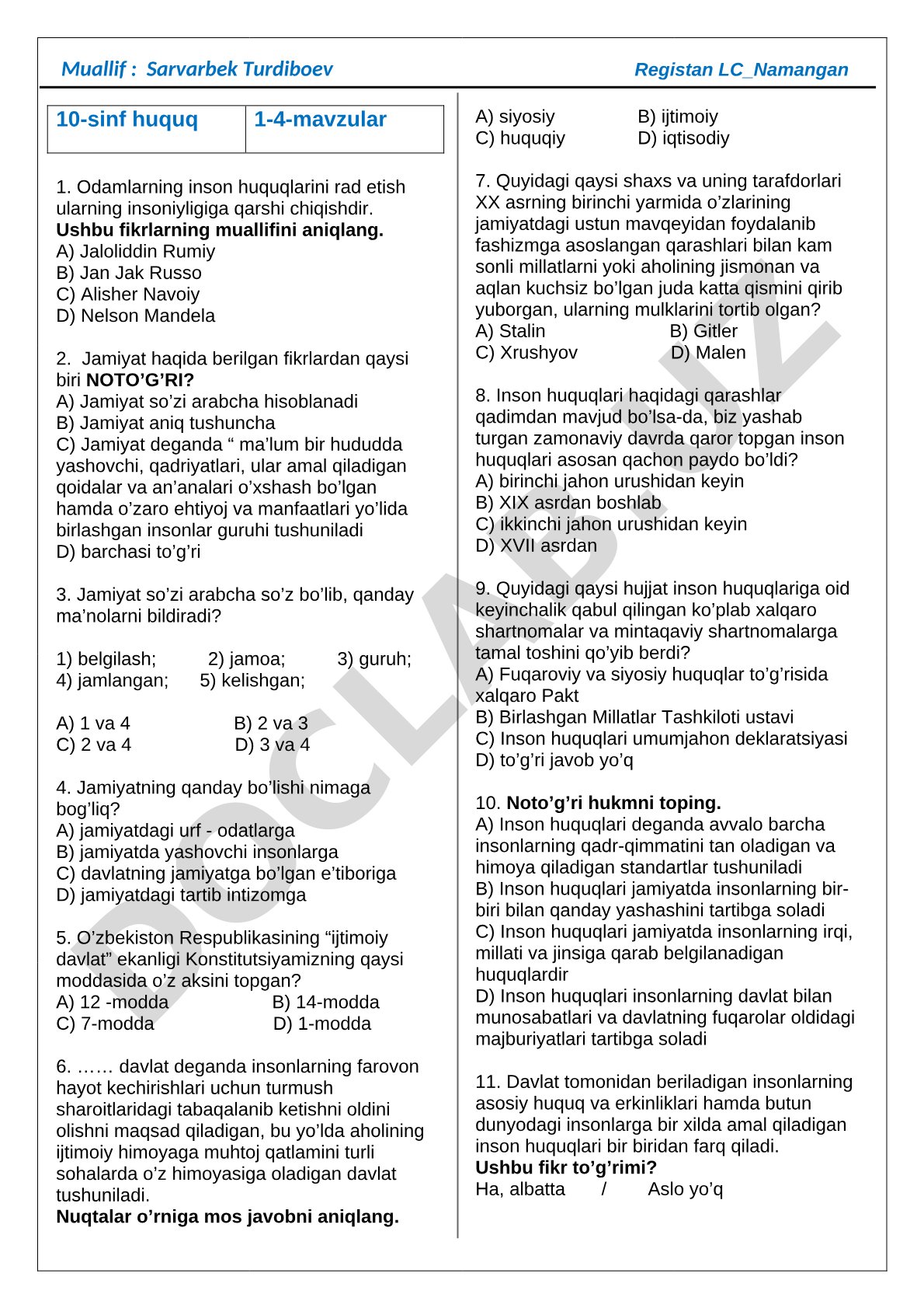 10-sinf huquq 1-4-mavzular bo'yicha test savollari