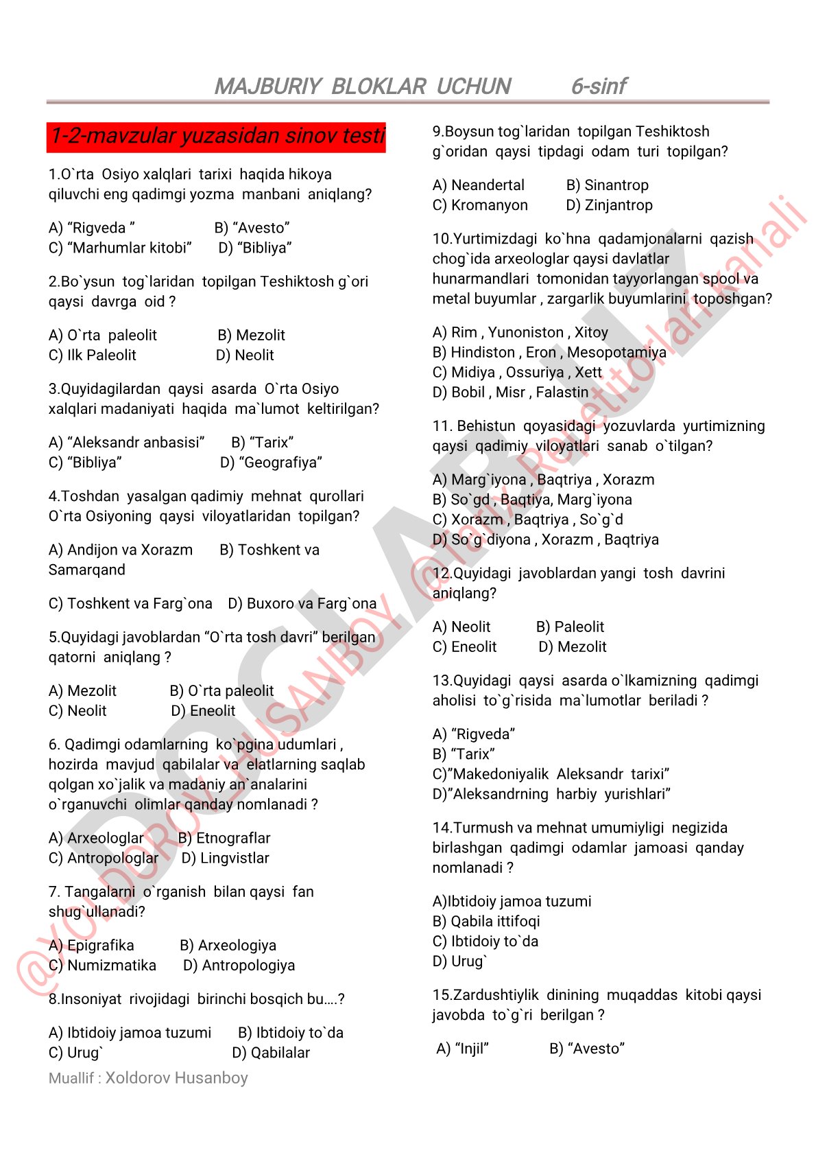 O'rta Osiyo xalqlari tarixi 6-sinf sinov testi