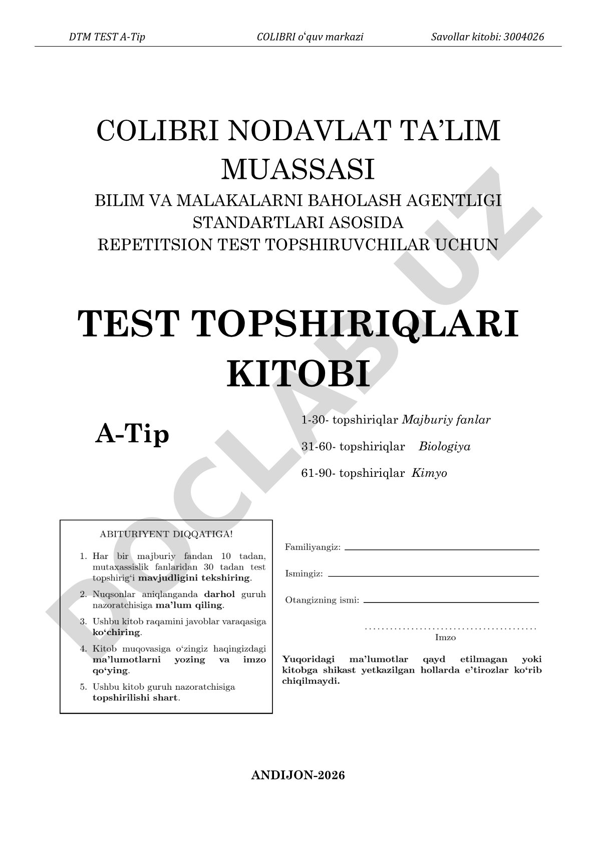 DTM test A-Tip Colibri o‘quv markazi savollar kitobi 3004026