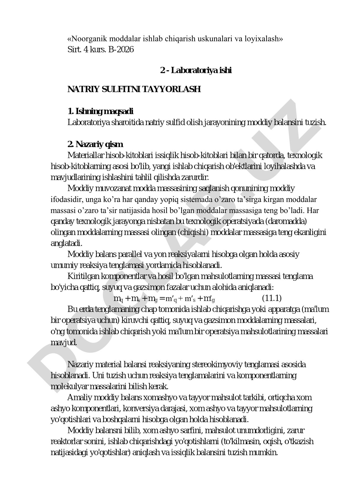 Natriy sulfitni tayyorlash jarayonining moddiy balansi
