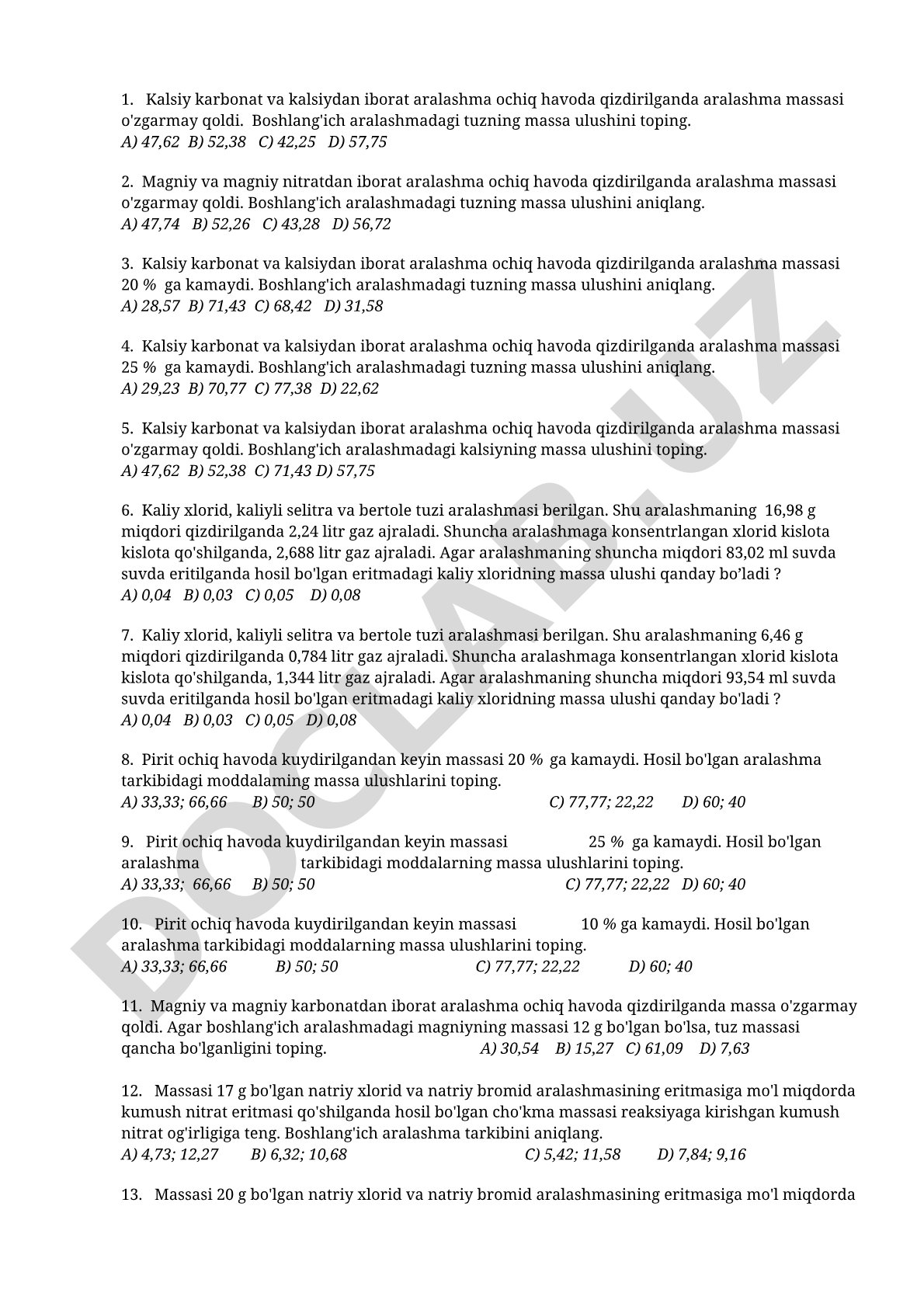 Kimyoviy aralashmalarning massa ulushini hisoblash masalalari