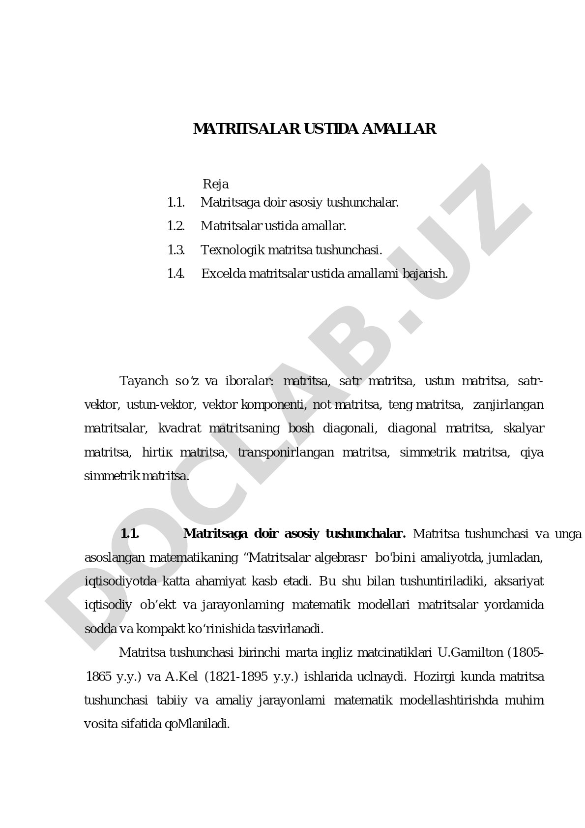 Matritsalar ustida amallar