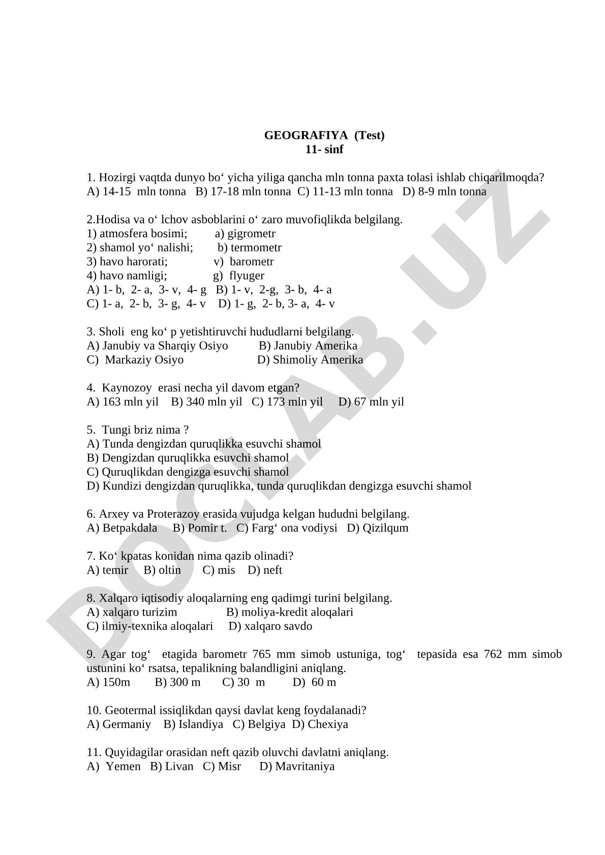Geografiya fanidan 11-sinf test savollari