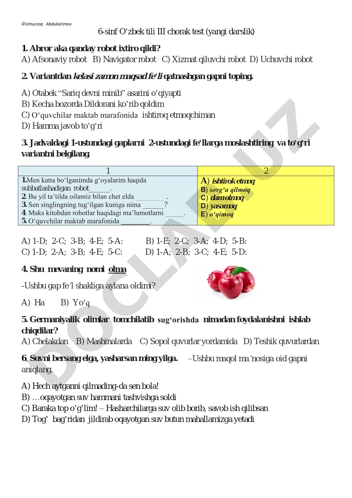 6-sinf O'zbek tili III chorak test