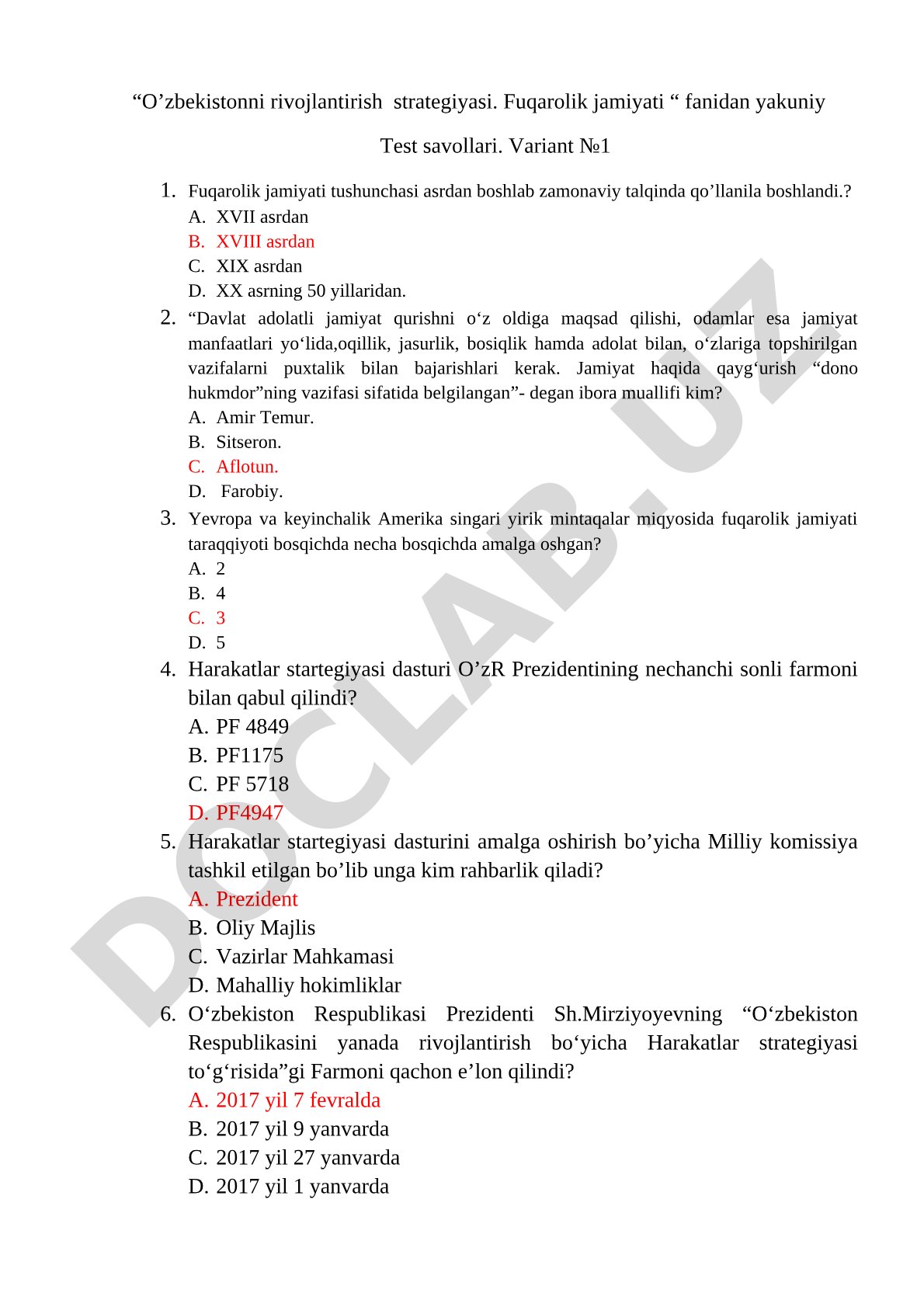 O’zbekistonni rivojlantirish strategiyasi. Fuqarolik jamiyati fanidan yakuniy Test savollari