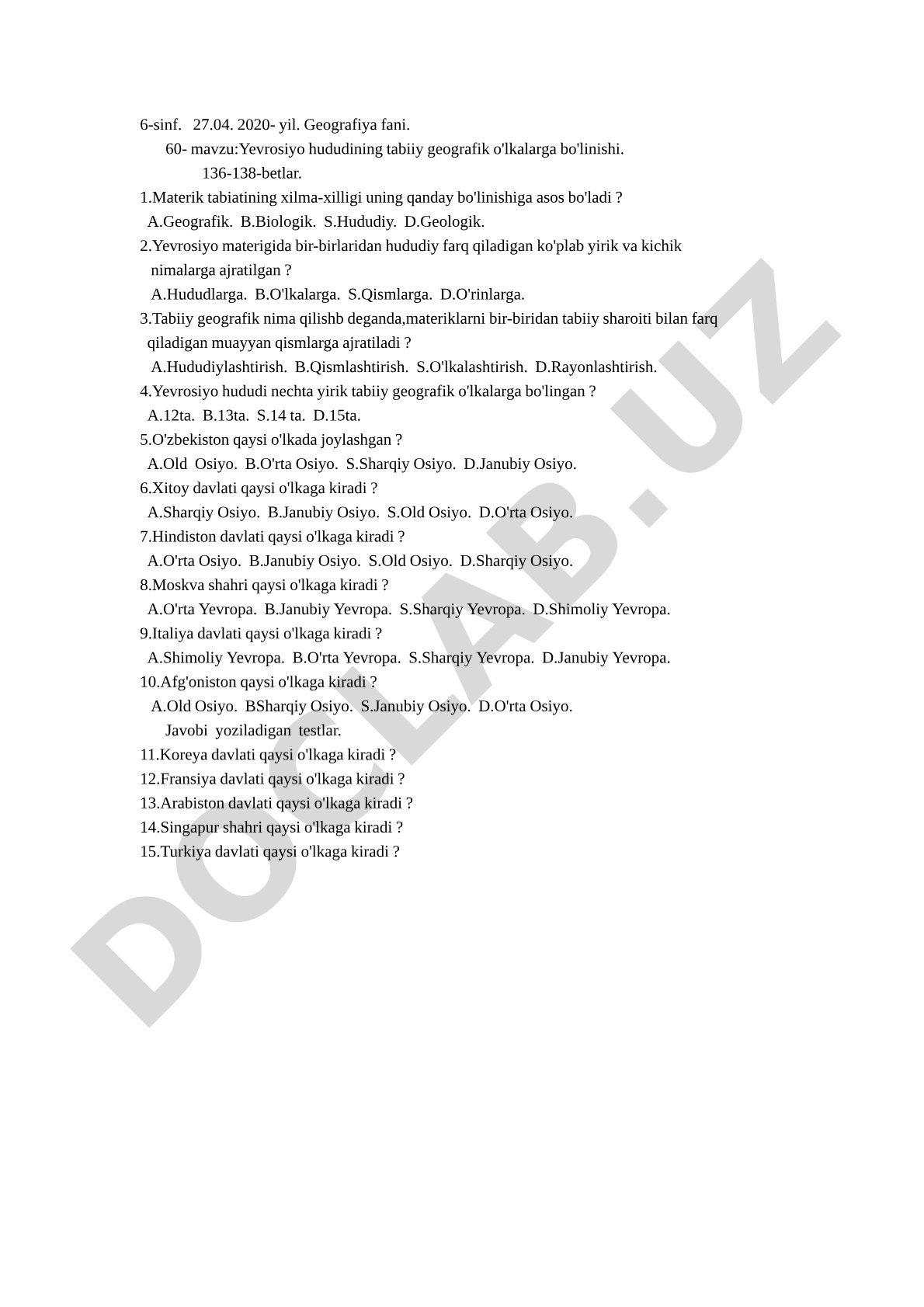 Yevrosiyo hududining tabiiy geografik o'lkalarga bo'linishi