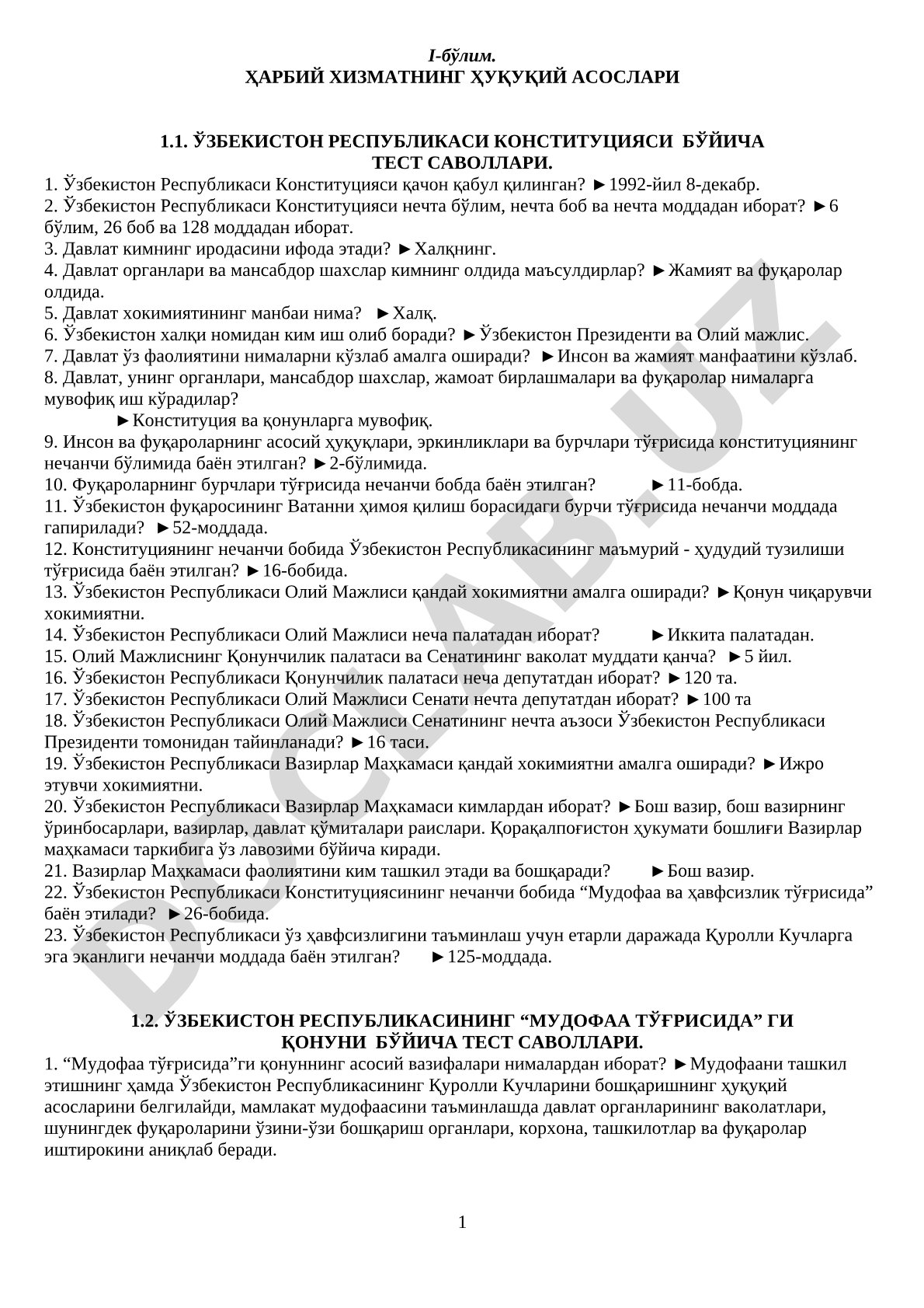 Ўзбекистон Республикаси Конституцияси бўйича тест саволлари