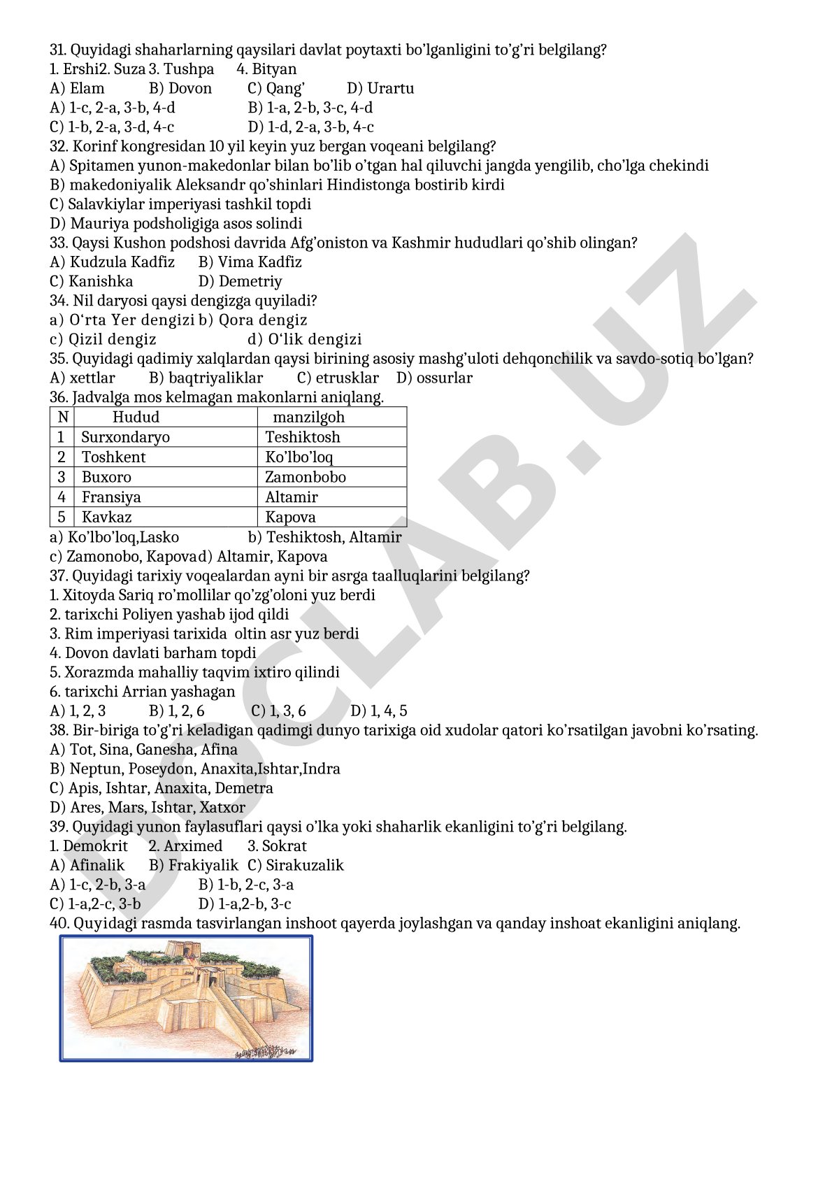 Qadimgi dunyo tarixidan test savollari