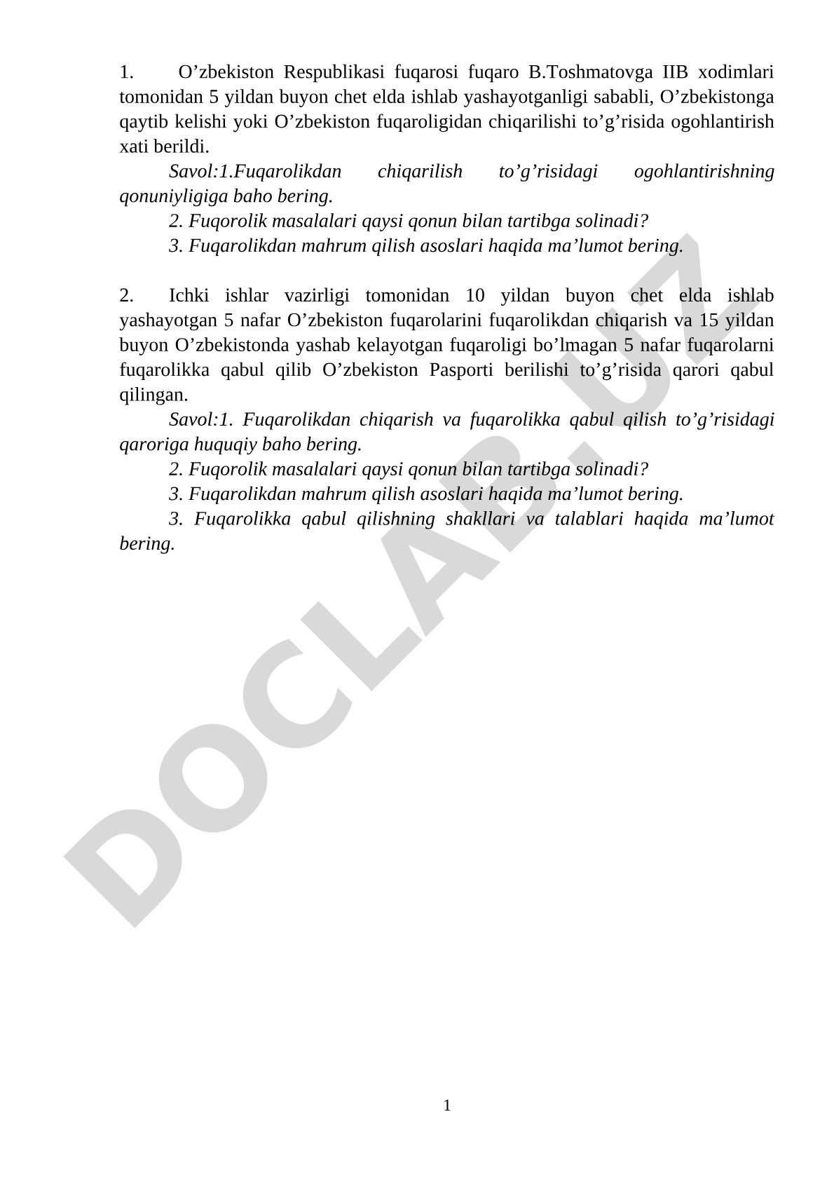 Fuqarolikdan chiqarish va fuqarolikka qabul qilish savollari