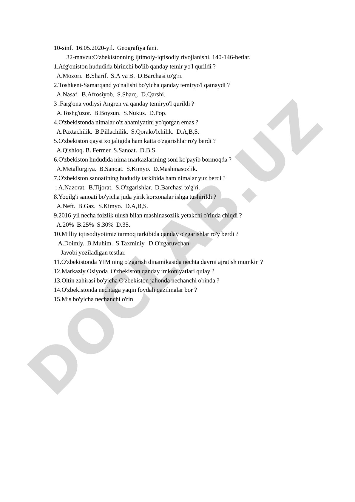 O'zbekistonning ijtimoiy-iqtisodiy rivojlanishi