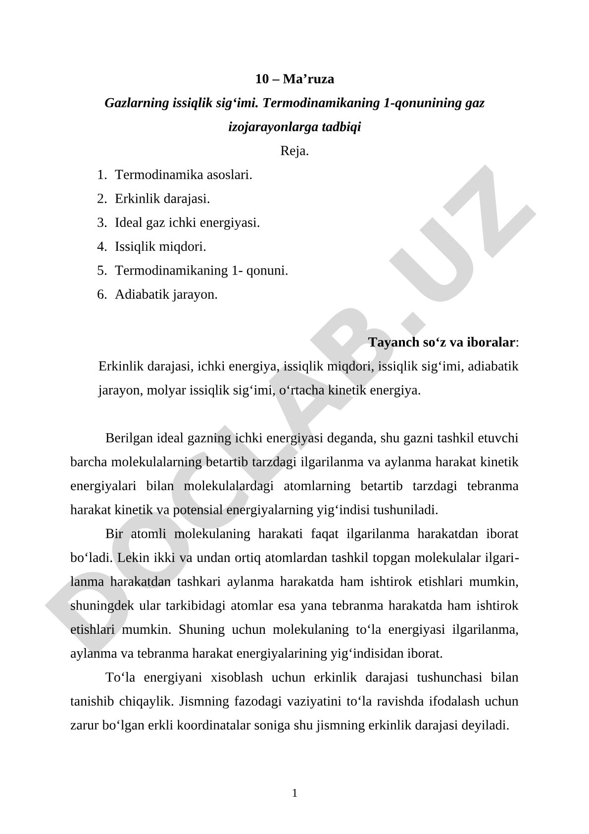 Gazlarning issiqlik sig‘imi. Termodinamikaning 1-qonunining gaz izojarayonlarga tadbiqi