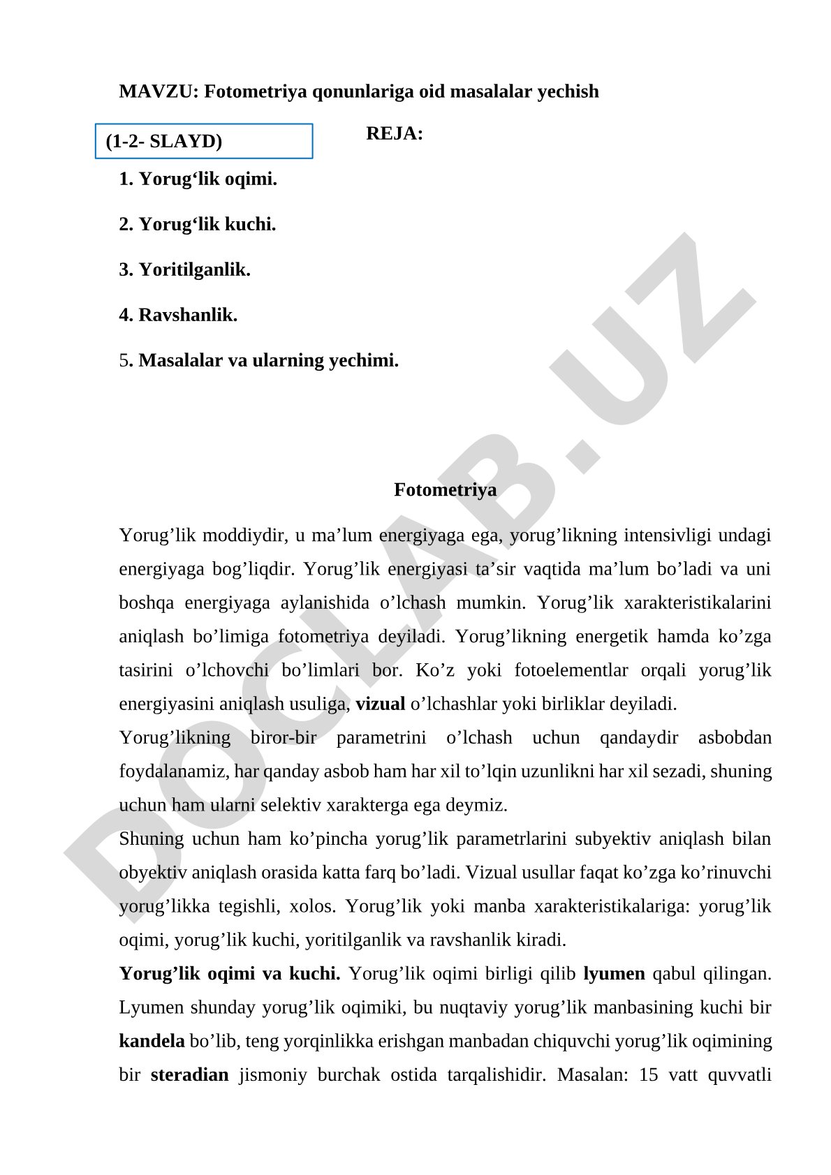 Fotometriya qonunlariga oid masalalar yechish