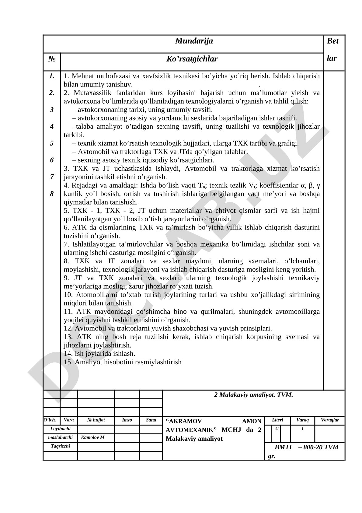 Avtokorxonada ishlab chiqarish amaliyoti