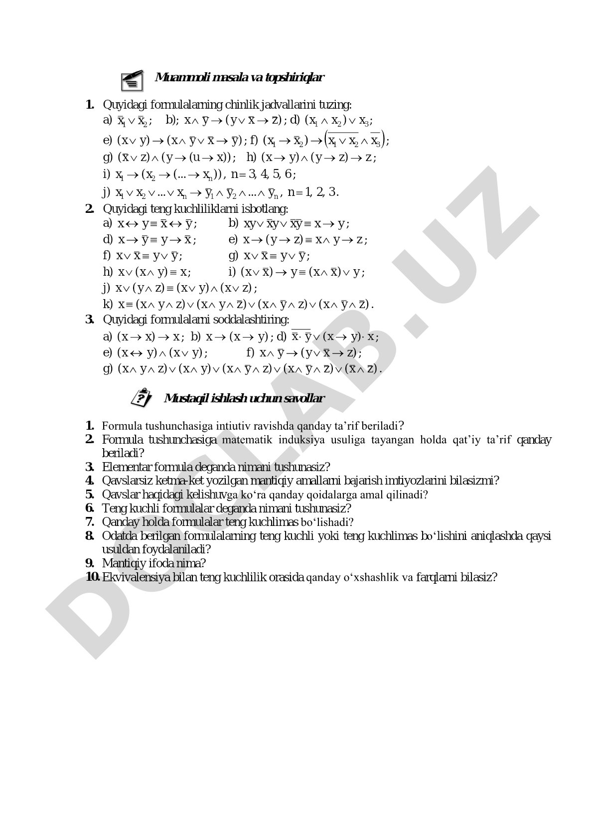Mantiqiy formulalar bo'yicha topshiriqlar va savollar