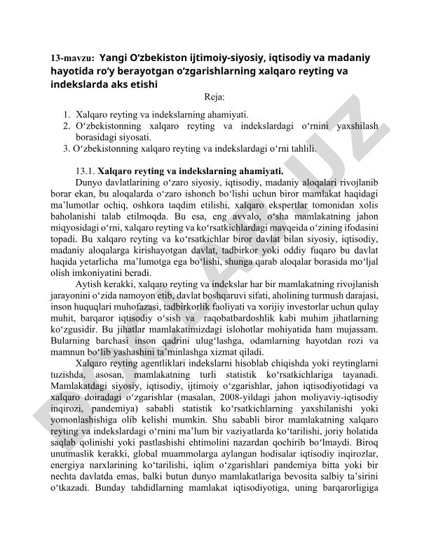 Yangi O‘zbekiston ijtimoiy-siyosiy, iqtisodiy va madaniy hayotida roʻy berayotgan oʻzgarishlarning xalqaro reyting va indekslarda aks etishi