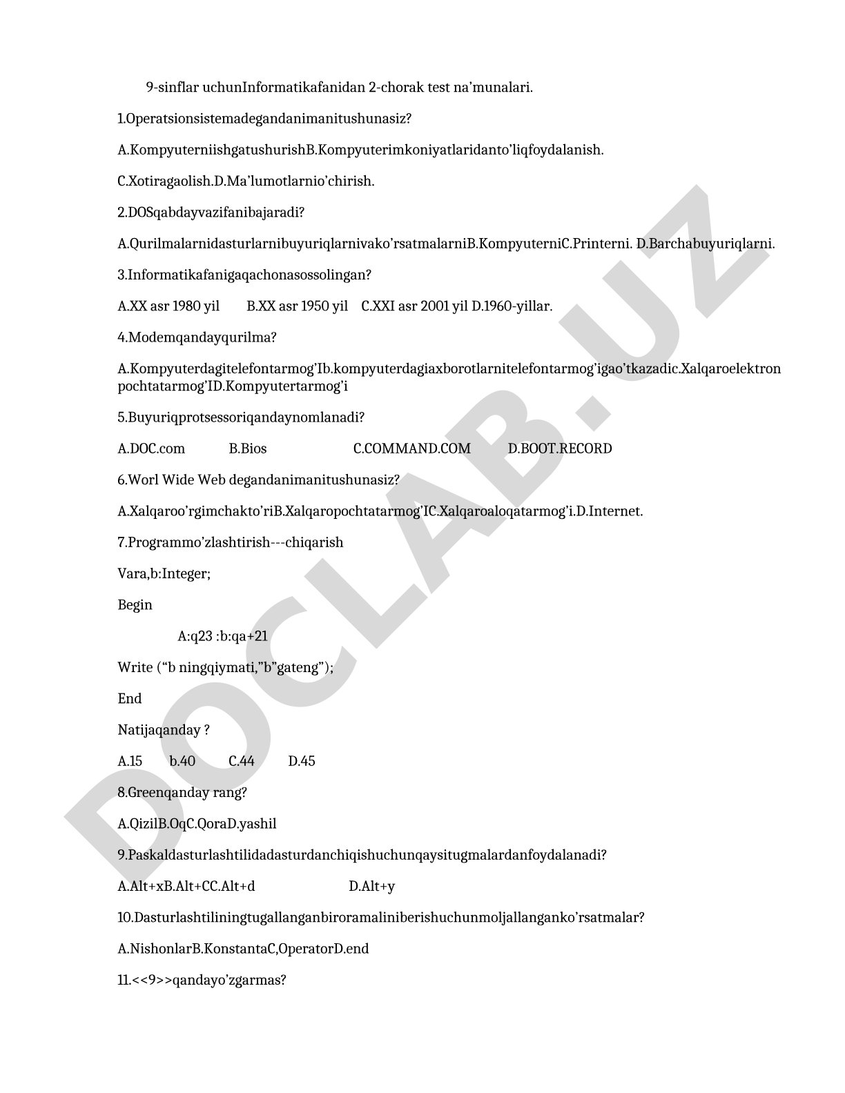 Informatika fanidan 9-sinf 2-chorak test namunalari