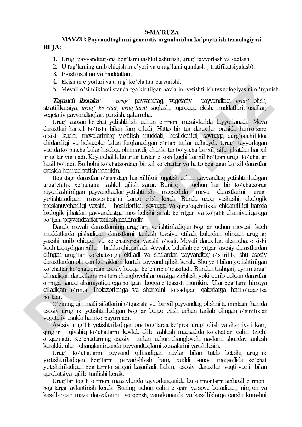Payvandtaglarni generativ organlaridan ko'paytirish texnologiyasi