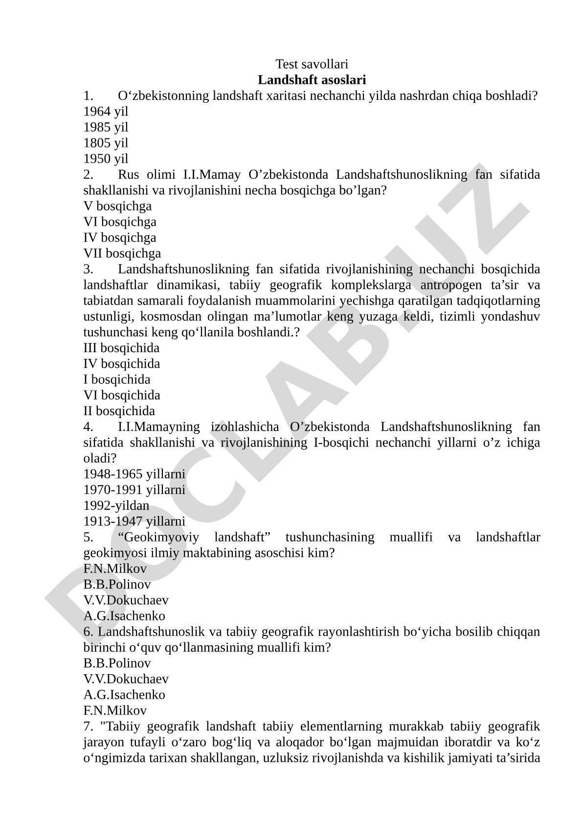 Test savollari Landshaft asoslari