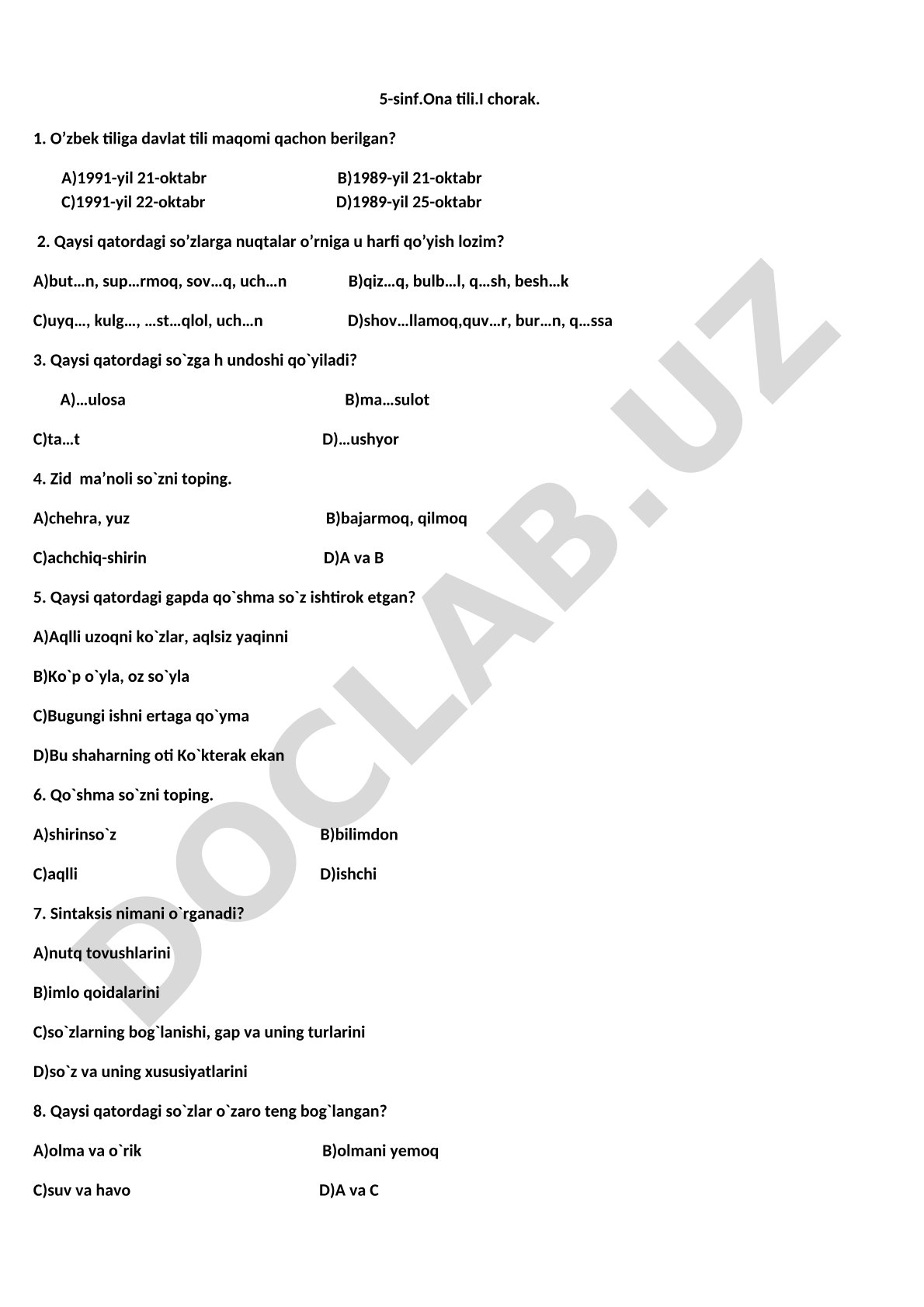 5-sinf Ona tili I chorak test