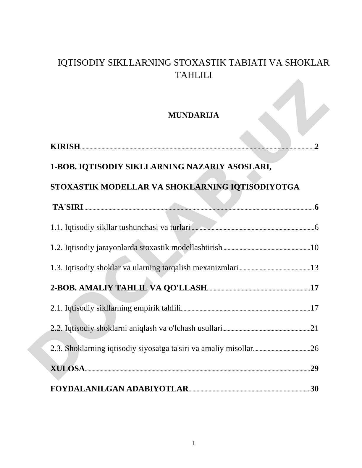 Iqtisodiy sikllarning stoxastik tabiati va shoklar tahlili