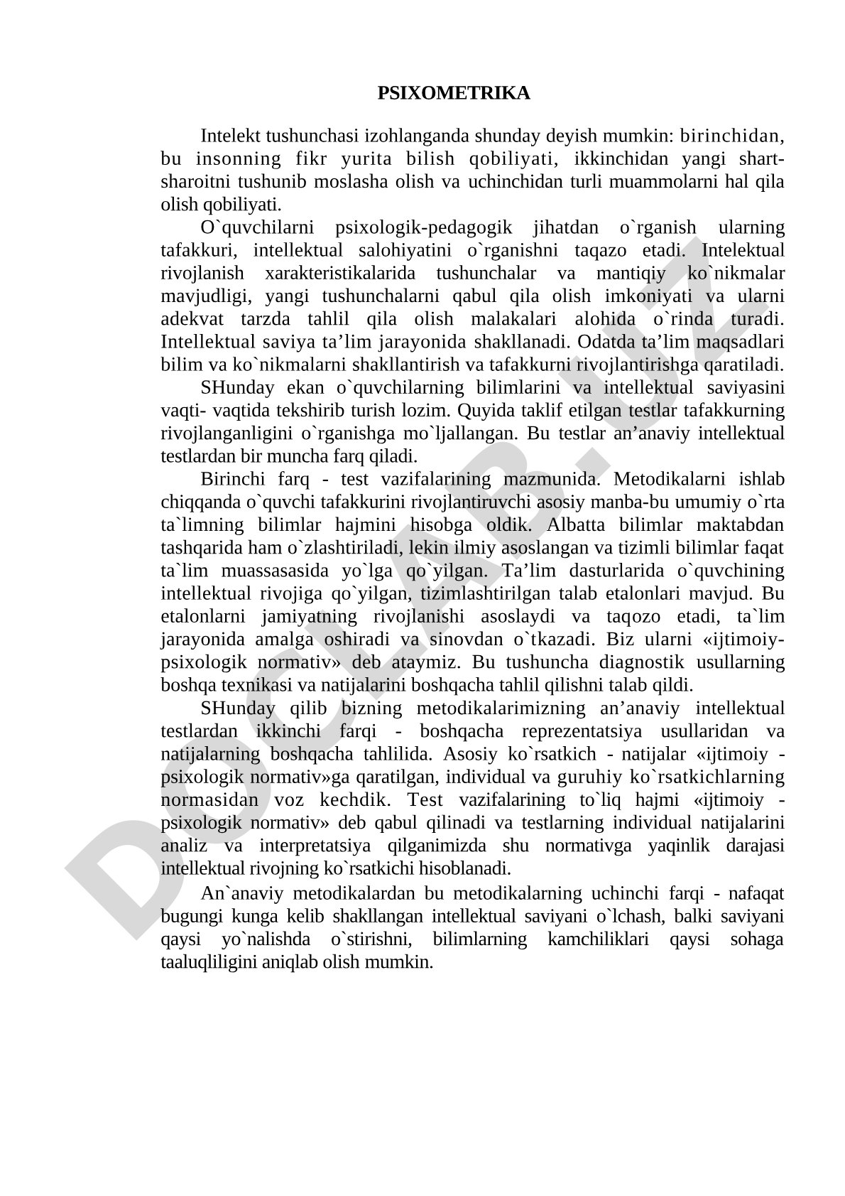 Intellekt va tafakkurni o'rganishga mo'ljallangan psixometrik testlar haqida