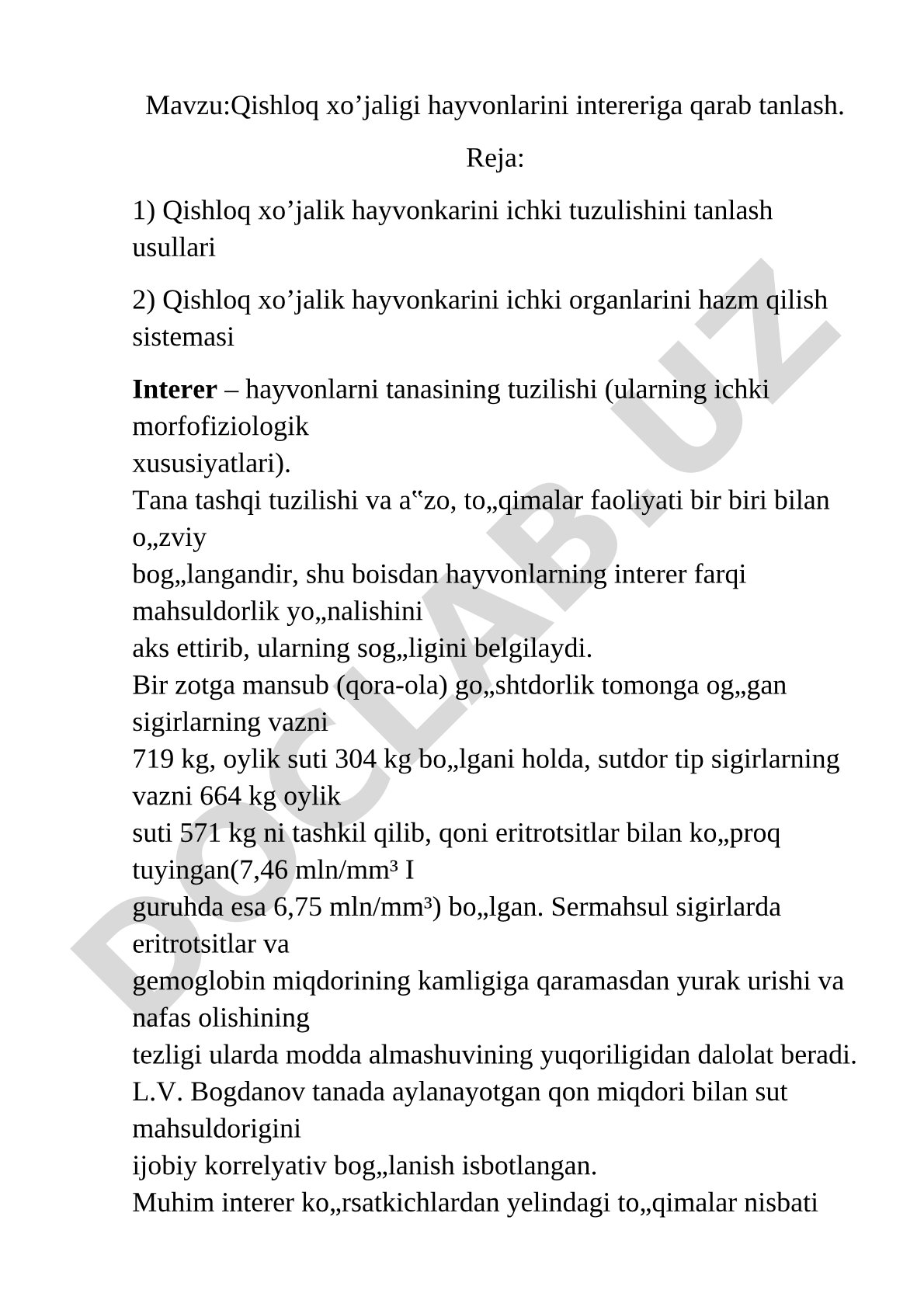 Qishloq xo’jaligi hayvonlarini intereriga qarab tanlash